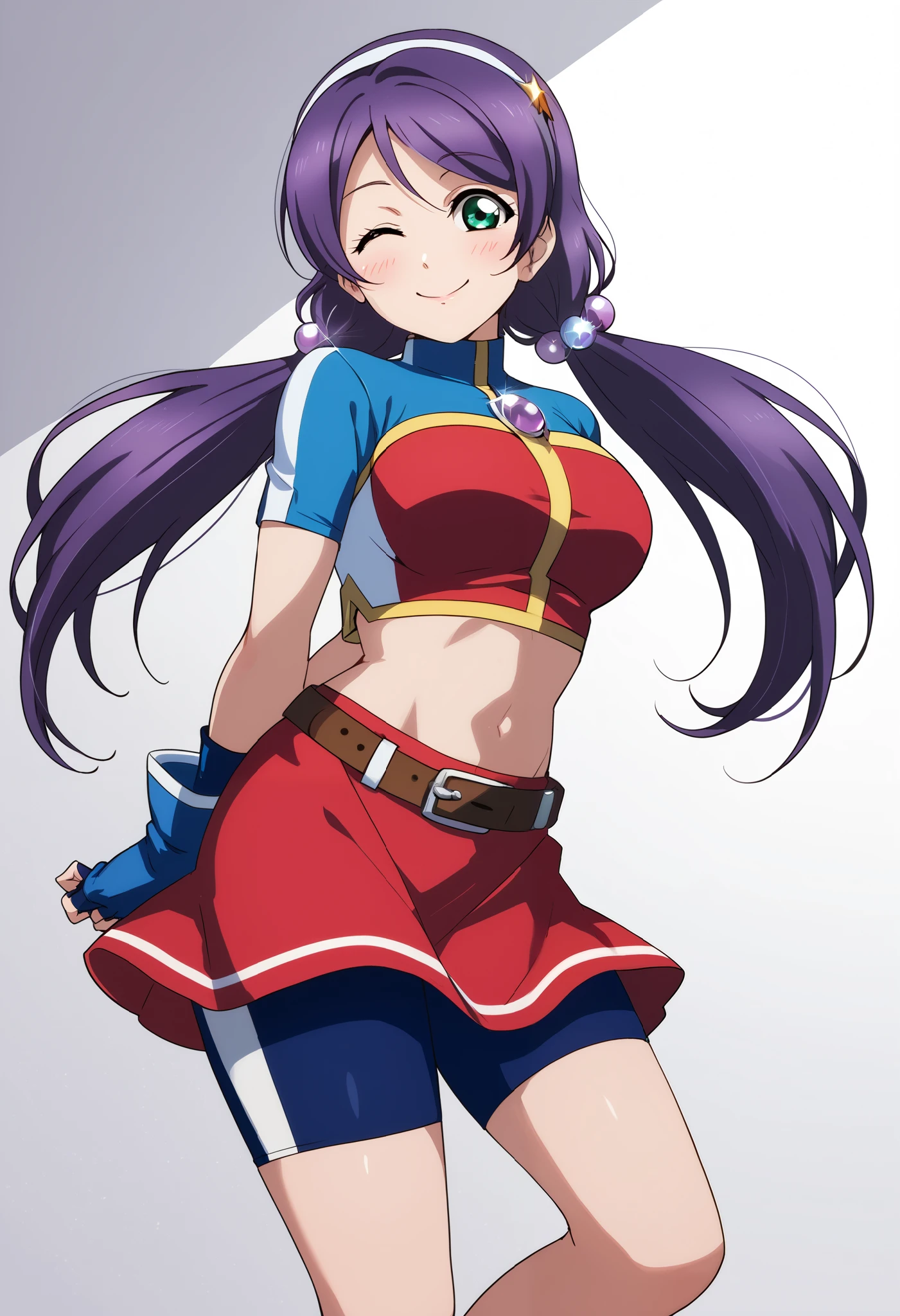 Toujo nozomi love live, purple hair, long hair,low twintails, green eyes, white hairband, blue sleeves, pearl (gemstone), short sleeves, red top, belt, fingerless gloves, navel, red skirt, biker shorts, blush, slightly smile, solo, split mouth, standing, large breasts,arms behind back,wink,front view