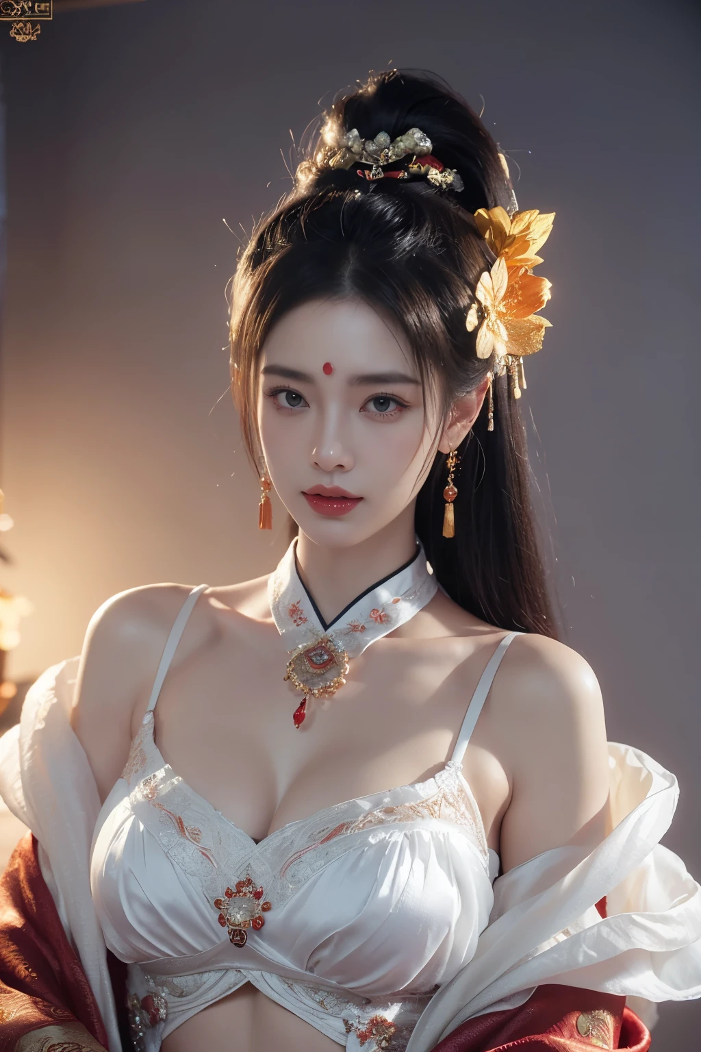 Game Art, Best Image Quality, maximum resolution ,8k,((Breast photo)),((Painting)),(( close-up of the head )),( Rule Three ),ผลงานการแสดงของ Unreal Engine 5, (Girl of the Future),( Female Warrior ), 22 year old girl ,( vintage chinese women),( rainbow hair , Ancient oriental hairstyle ),((Red eyes:1.3)),( beautiful eyes full of details ),( Big Bust ),( Eyeshadow), elegant and seductive ,Ignoring ,((Anger)),( antique Chinese style silk robe ,Belly girdle , clothes decorated with patterns characteristic of China, flash of jewelry ,white),( clothes made of silk :1.5),photo,Fantasy style, โพสท่าถ่ายphoto,City Scene,Cinema lights, Golden Background with Flowers {x} High Resolution CG Wallpaper 16k {x} Imaging with Ray Tracing,CG games,(( 3D Unreal Engine )),photoแบบการสะท้อนการแสดงผล OC