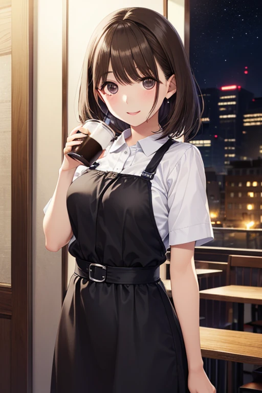(Night Cafe、 drinking coffee in dark place)、anegasaki nene、 applause broke out , short hair, ( brown pretty eyes )、smile、 sparkling eyes , (Fine grain)、 super detailed eyes、 very detailed face, very detailed eyes, cowboy shot、