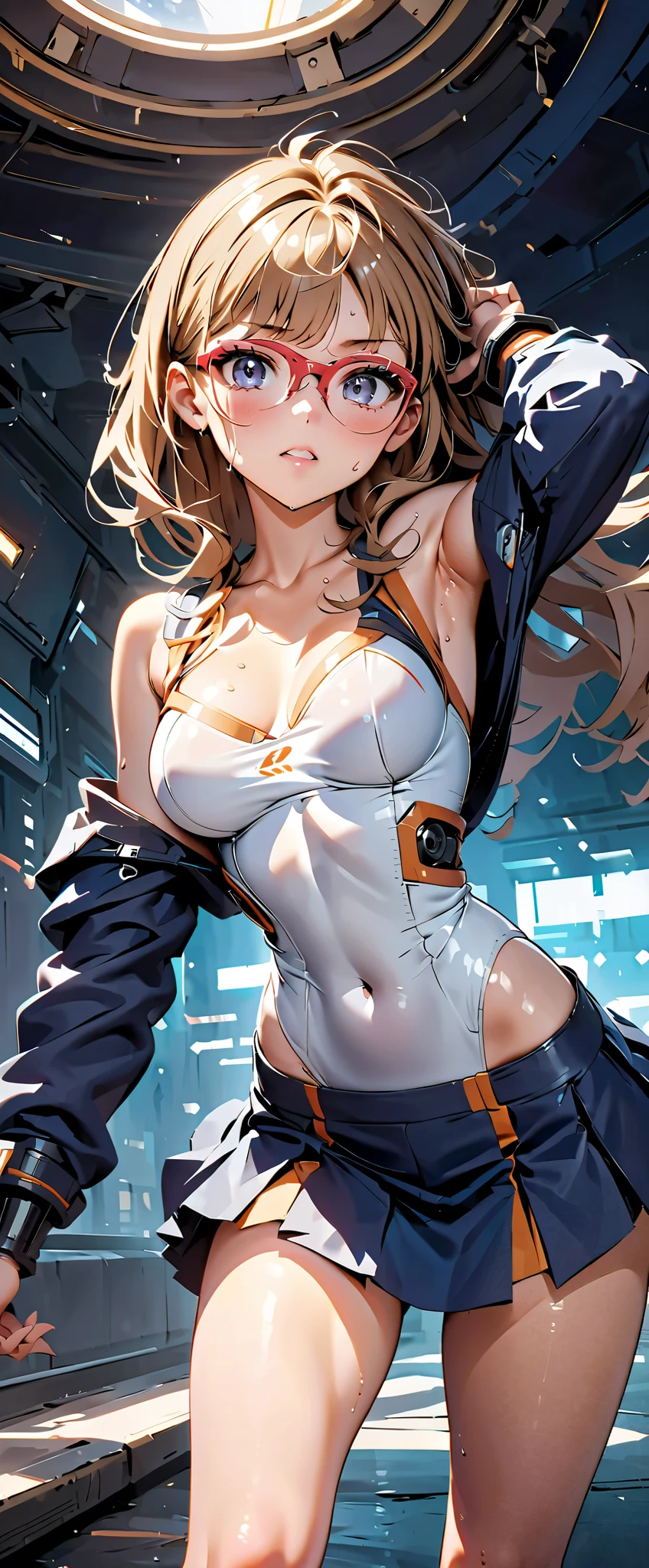 (((Masterpiece)))、(( best quality ))、( ultra detail )、(CG illustration)、( very beautiful girl ))、 cinematic lights 、((1. Mechanical Girl))、 sci-fi 、Apocalypse、Sensual and ugly、(Beautiful and luxurious:1.2)、( one girl:1.3)、Expectations,,white and navy blue bodysuit,(( micro tight skirt )),,Medium bust,( skinny),Wet with sweat, off shoulder , dynamic pose,Glasses