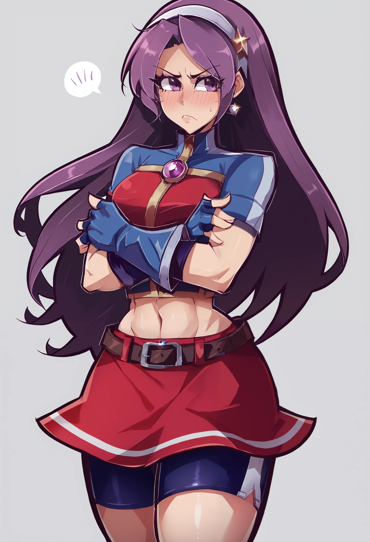 Masterpiece, best quality,ATHKOF2002, purple hair, long hair, purple eyes, white hairband, blue sleeves, pearl (gemstone), short sleeves, red top, belt, fingerless gloves, navel, red skirt, biker shorts, blush, solo, seductive pose,cowboy shot, midriff,beautiful detailed face,thick thighs, crossed arms, slightly annoyed,dbp,hentai, crotch