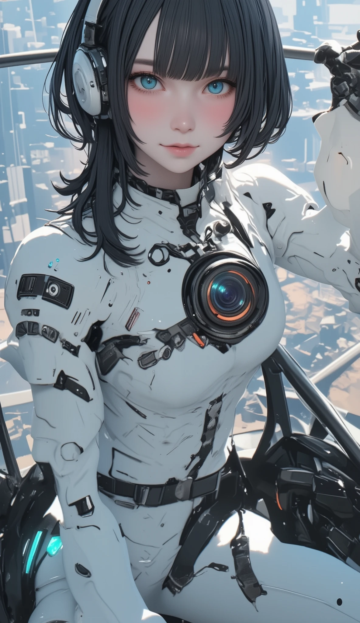 cockpit、 futuristic suit、2、woman、Alone、 black hair、Bob、 princess cut 、 long hair、Shot from above with a 、 headset、 trace the operator and move the robot'Movement of、Wave Fist Poses、 dynamic pose、 wide-angle lens with the meter on 。