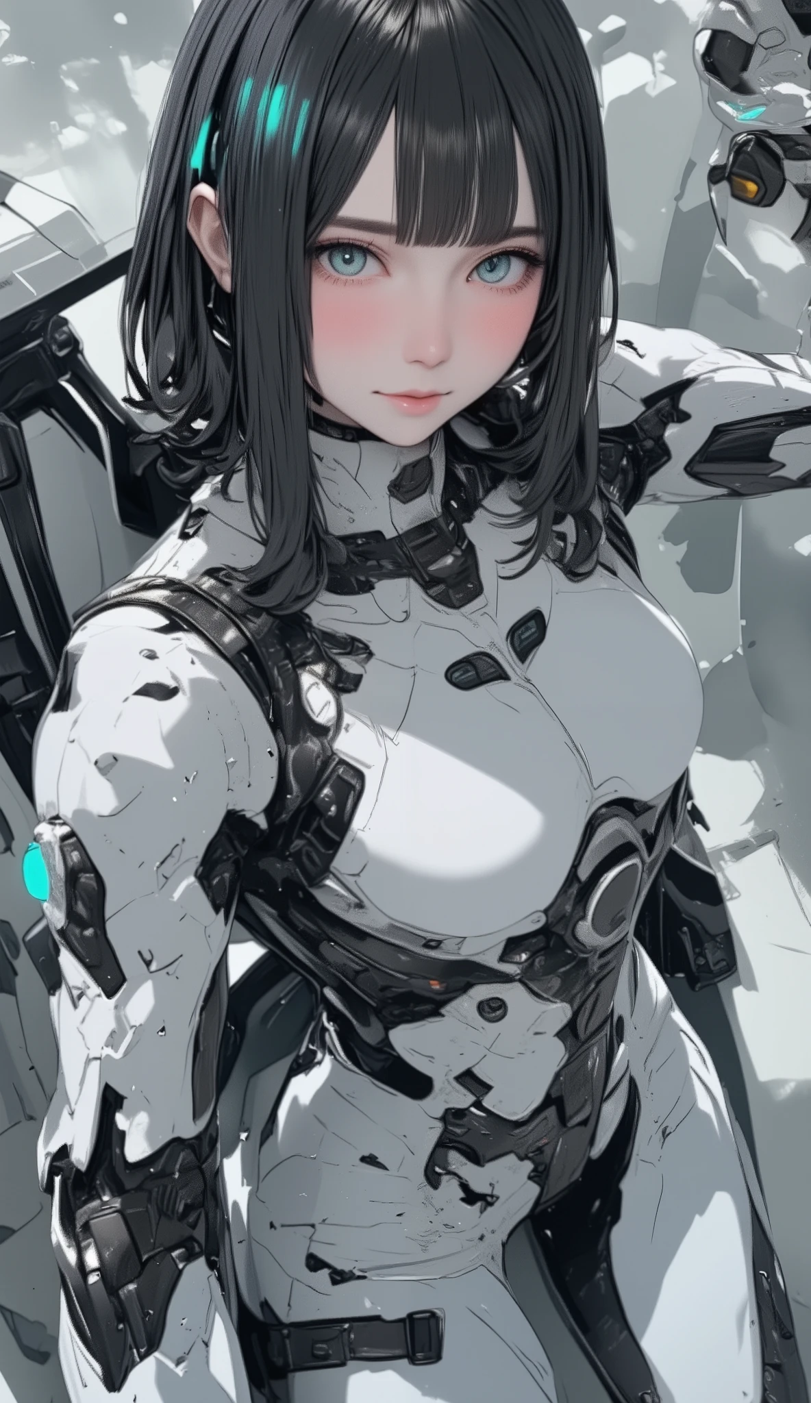 cockpit、 futuristic suit、2、woman、Alone、 black hair、Bob、 princess cut 、 long hair、Shot from above with a 、 headset、 trace the operator and move the robot'Movement of、Wave Fist Poses、 dynamic pose、 wide-angle lens with the meter on 。