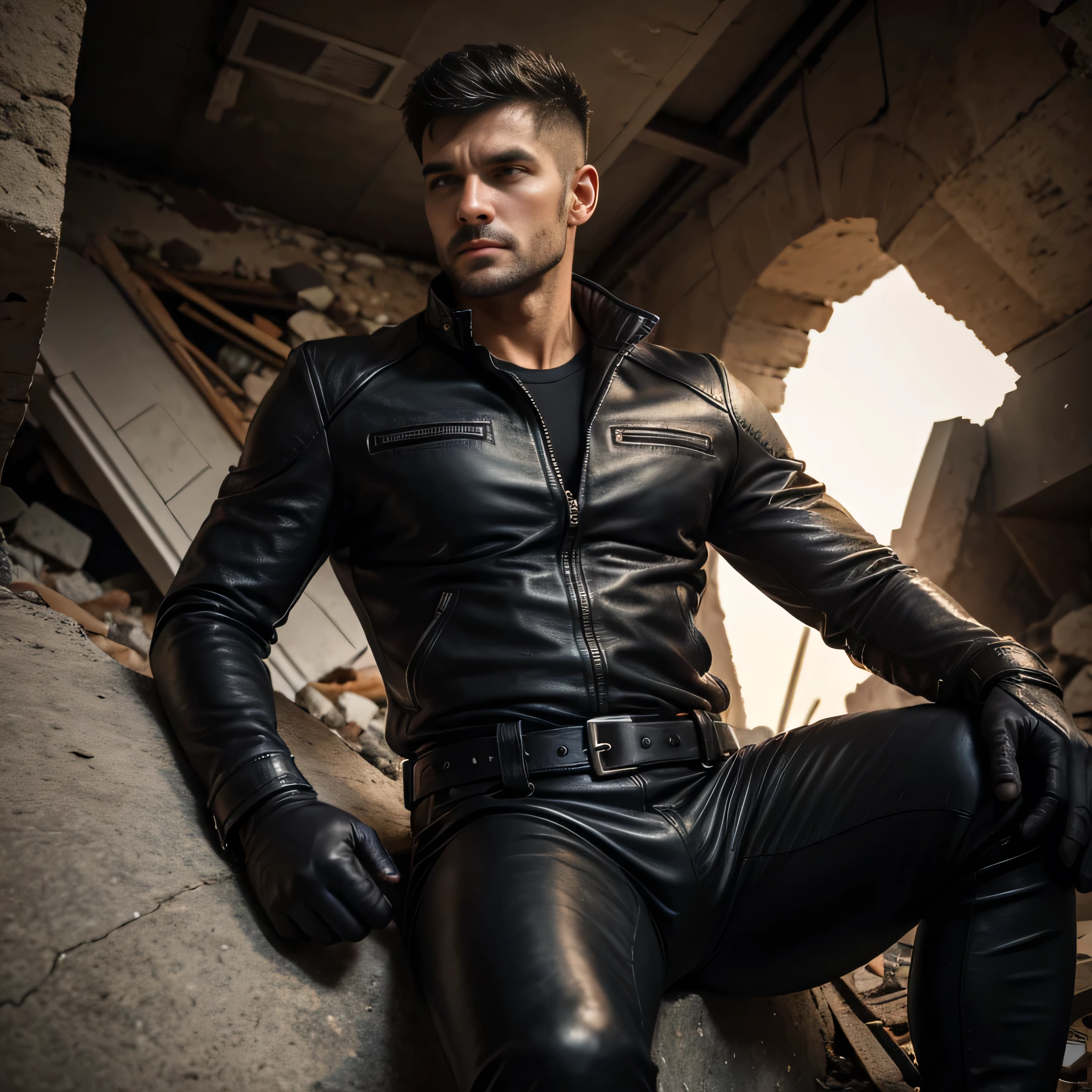 50 years old, One Man,、 black bodysuit、Shocker Belt、 Black Glove 、 with a pistol on your waist 、City of Rubble、 explosion 、logic, , black hair、Short Hair。 very short hair 、 handsome fighter handsome faces of イラク人 winning and hugging each other、 Seen From Below。 upper body up Black leather pants Menacing look Sitting on rubble Seen From Below。 One man sits looking at camera leather jacket Hands Behind stubble