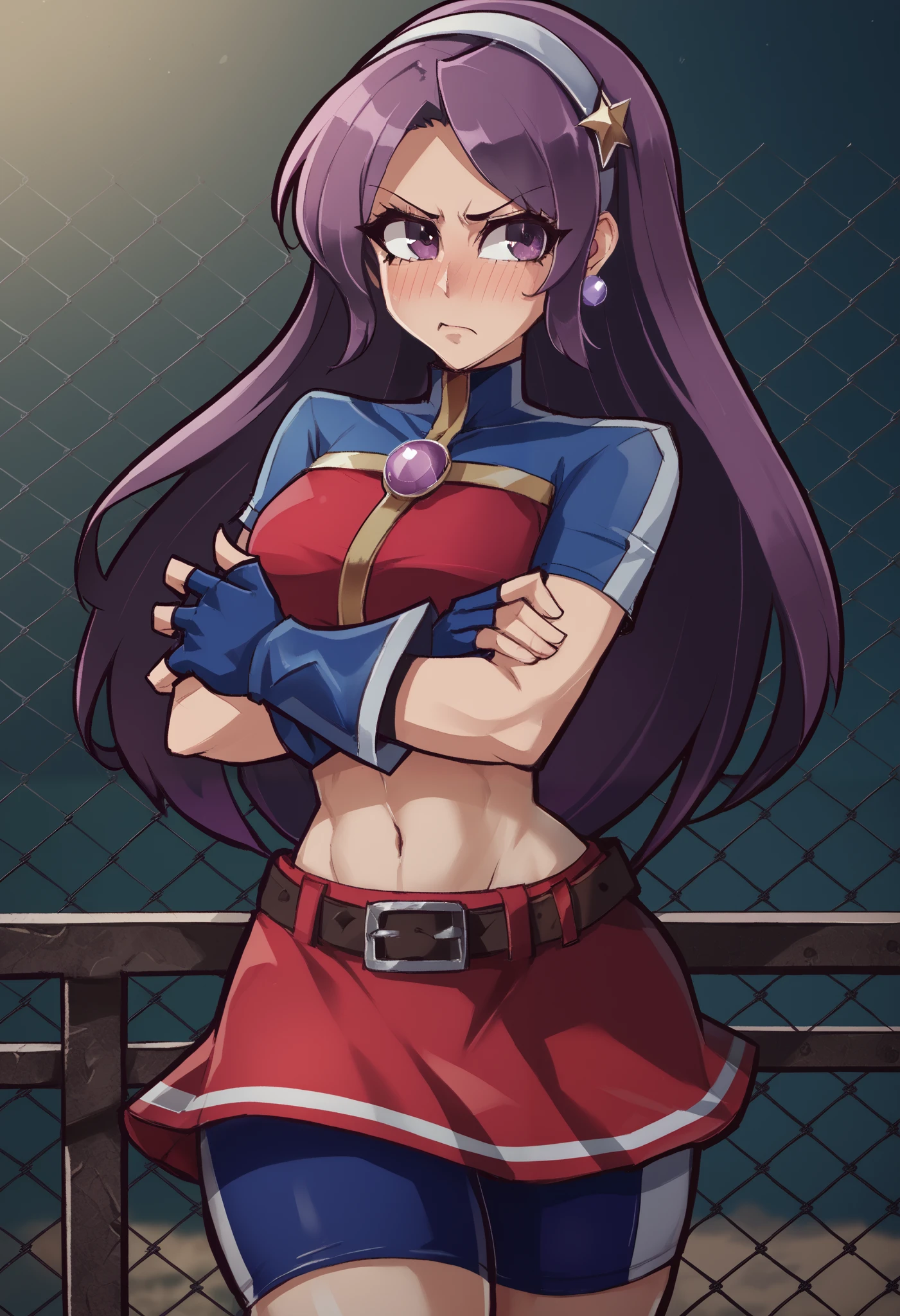 Masterpiece, best quality,ATHKOF2002, purple hair, long hair, purple eyes, white hairband, blue sleeves, pearl (gemstone), short sleeves, red top, belt, fingerless gloves, navel, red skirt, biker shorts,  blush, solo, seductive pose,cowboy shot, midriff,beautiful detailed face,thick thighs, crossed arms, slightly annoyed,dbp,hentai, crotch, against fence