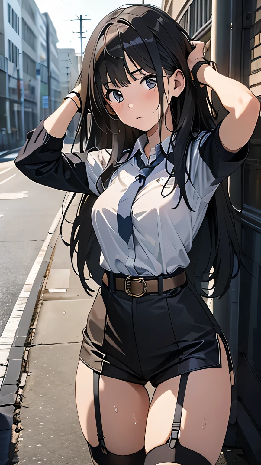 High Quality , Masterpiece, Ultra high resolution, ( realism: 1.4), oil painting style , movie lights, , I stood on an empty asphalt road watched it.., 、 Flying Crane Hanging Leather big breasted Small face Lying Down looks up at the sweat belt buzzer 脇sweat black hole gloves suit miniskirt garterbelt Footlink ズボンのbelt place hs on back restless expression looks up at the restless expression Knee-length Knee-High Socks Knee-length socks garter belt garter Garterbelt on thighs, place hs on back limit hcuffs Cable ties Cable ties on thumbs big boobs
