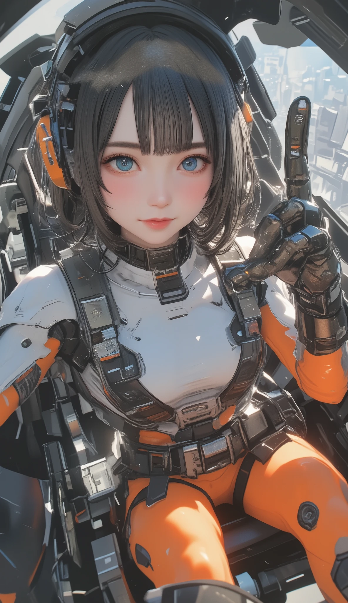 cockpit、 futuristic suit、2、woman、Alone、 black hair、Bob、 princess cut 、 long hair、Shot from above with a 、 headset、Trace the pilot and move the robot、Wave Fist Poses、 dynamic pose、 wide-angle lens with the meter on 。