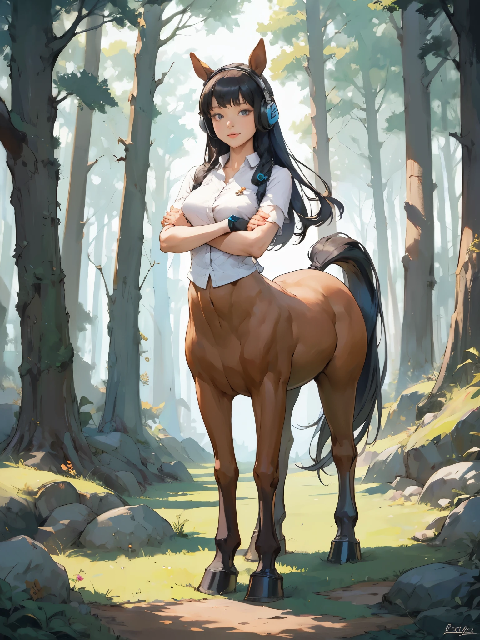 centaur, girl, monster girl, horse girl, full body, crossed-arms, breasts, long hair, bangs, horse ears, looking at viewer, forest, futuristic, black hair, bob hair, princess cut, headphone,