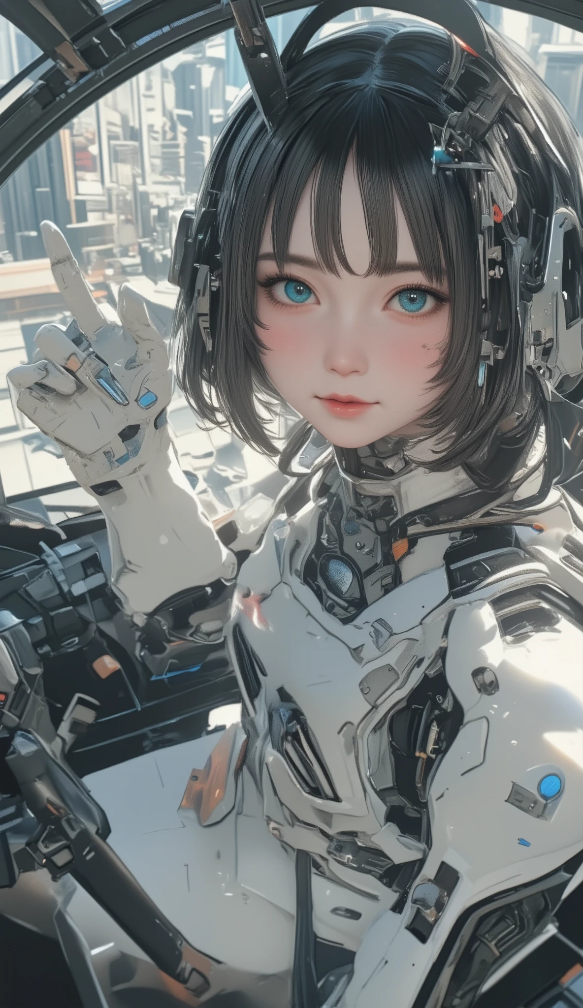  cockpit、 futuristic suit、2、woman、Alone、 black hair、Bob、  princess cut 、 long hair、Shot from above with a 、 headset、Trace the pilot and move the robot、Wave Fist Poses、 dynamic pose、 wide-angle lens with the meter on 。