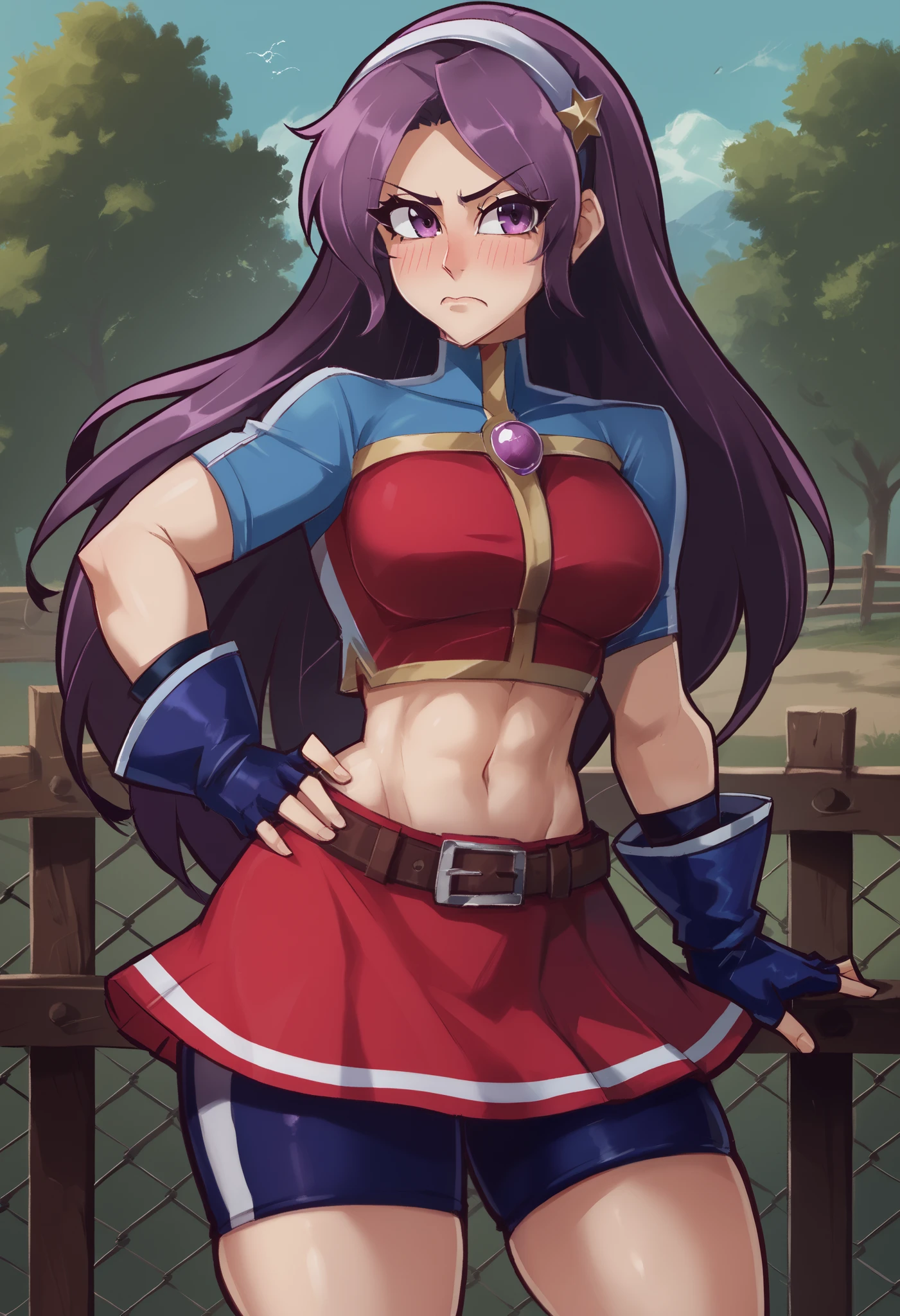 Masterpiece, best quality,ATHKOF2002, purple hair, long hair, purple eyes, white hairband, blue sleeves, pearl (gemstone), short sleeves, red top, belt, fingerless gloves, navel, red skirt, biker shorts,  blush, solo, seductive pose,cowboy shot, midriff,beautiful detailed face,thick thighs, hand on hip, slightly annoyed,dbp,hentai, crotch, against fence