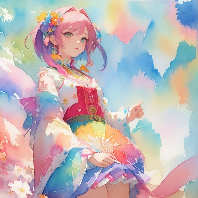 Momoko Sakura Style、8K quality、Intense watercolor,, Watercolor splash, Surreal, Avant-garde pop art, Beautiful and expressive paintings, Beautiful artwork illustration, Very colorful tones, wonderful, Cool Beauty, Highest quality、Official Art, Vector art, Stylish design, (((The most beautiful girl))), (Confetti),((Thin legs))、(((Highest quality))), High resolution, ((detailed)), (((Doodle Art)), ((masterpiece)), ((Super detailed)),(((yukata))),,(Sexual)
