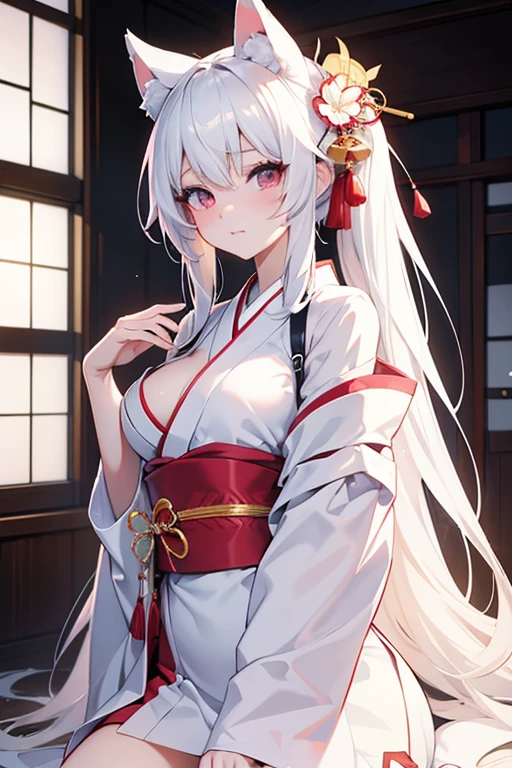 best qualityer, work of art, high resolution, 1 girl, White hair, twin-tail, Hanfu, Tang dynasty costume, mic, Flat Breast, clavicle, blush, looking ahead at viewer