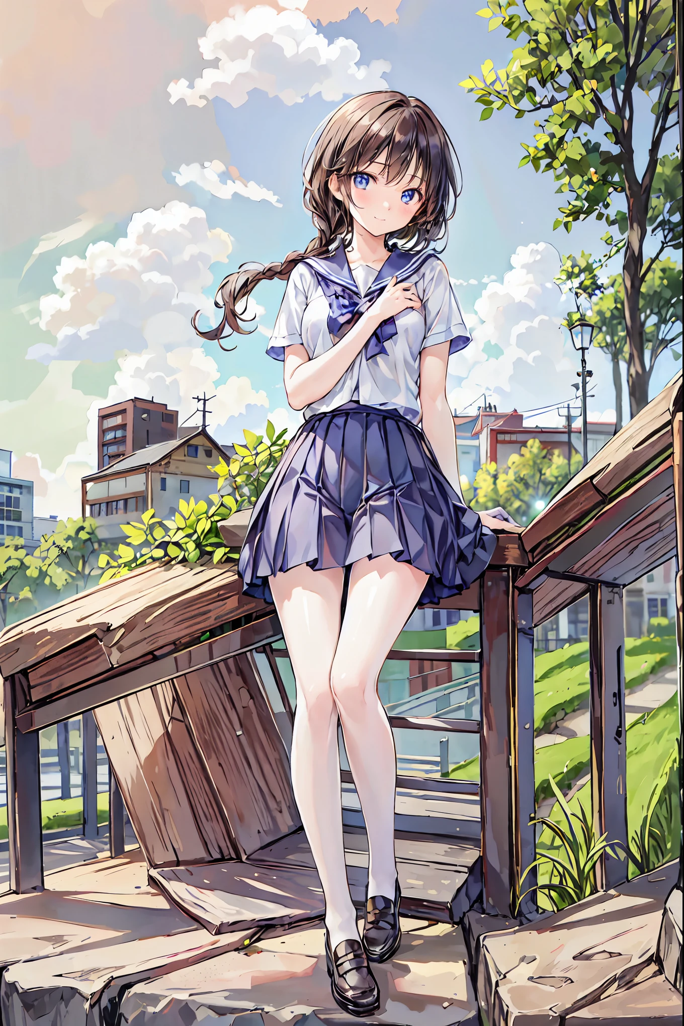 best quality 、masterpiece、 one girl 、Cute、Beautiful high school girl、 miniskirt、 sits on the ground ,、Kamimei、 staring at me 、 tea hair, shortcuts , unkempt hair,Short braided hair,Neat, slender beautiful woman,Correct posture,Small chest, Beautiful Legs, has enchanting gray-blue eyes shining like stars,Droopy eyes, bright color, beautiful eyes,A delicate smile,Textured Skin, Best Quality at its Best , gentle and beautiful woman , anime style、