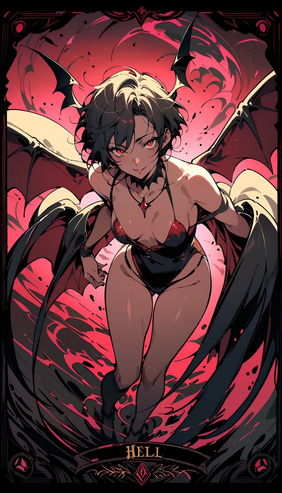 Alfred Kubin style ,Tarot cards,Succubus, huge wings, attractive expression ,charming,Big smile,( top view),action:seduce,background:hell,close up,8K, high quality , masterpiece,very good, rich details, highly detailed face and eyes.