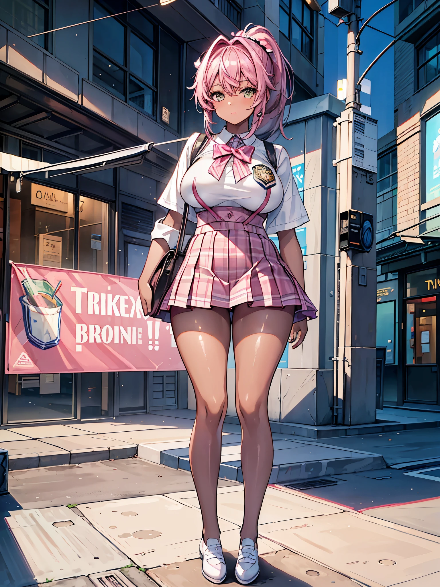 (( best quality )), ((masterpiece)), ((One young girl))dark skin, tiger pattern bikini、school uniform、 short skirt , ponytail on noodles, pink hair, semi-long hair ,huge boobs,, thick legs,. short,in the city