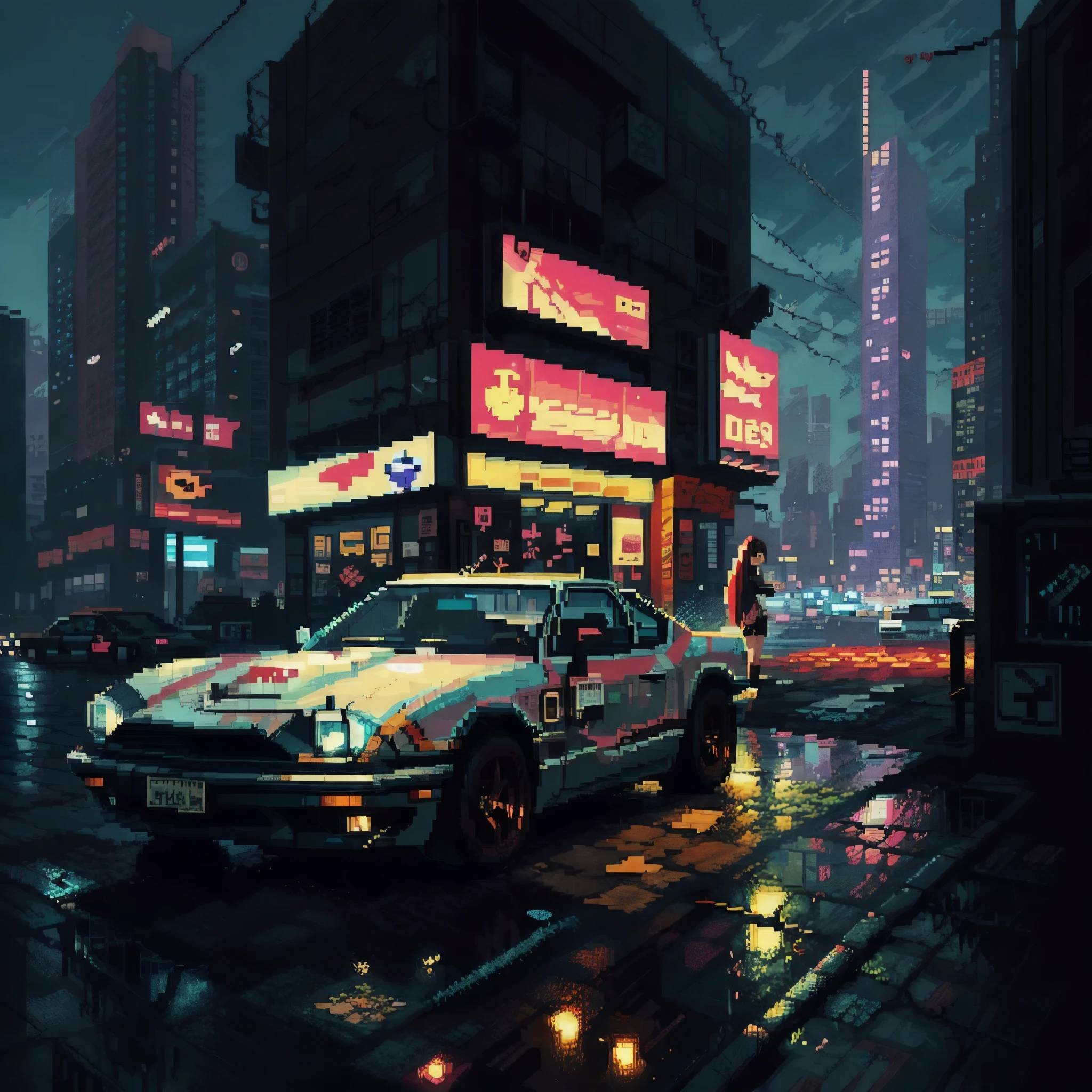 (( Game Pixel Art )), mix 4,(8k, RAW photo, best quality , Masterpiece:1.2), ( realistic, photo- realistic:1.37), 1 girl, is cute ,Cityscape, knight , rain, wet, professional lighting , photon mapping, radiosity, physics-based rendering, full body,thighhighs, leg summary , chest, 重いchest, bright red sky , cyberpunk、Supercar、 sexy