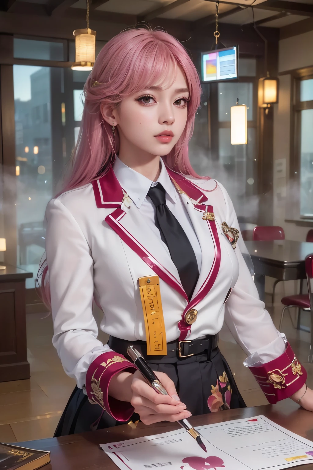 The focus of this image is、A young woman with a pink wavy bob hairstyle。She wears a playful, colorful outfit that blends elements of school uniforms with a fantasy aesthetic.。The costumes are、Light blue blazer with gold accents and emblem on chest pocket、And it features gorgeous buttons.。Underneath it is、She is wearing a white lace blouse that gives a delicate impression.。The pink bowtie、It matches with a fluffy and layered tutu skirt.、Adds a fun, dreamy element to the outfit。She also、White knee-high socks with lace details、She wears a silver tiara that gives her a princess-like look.。The background is a dark gradient、The star-like sparkle is subtly scattered throughout、It emphasizes the magical and dreamy atmosphere of the image.。