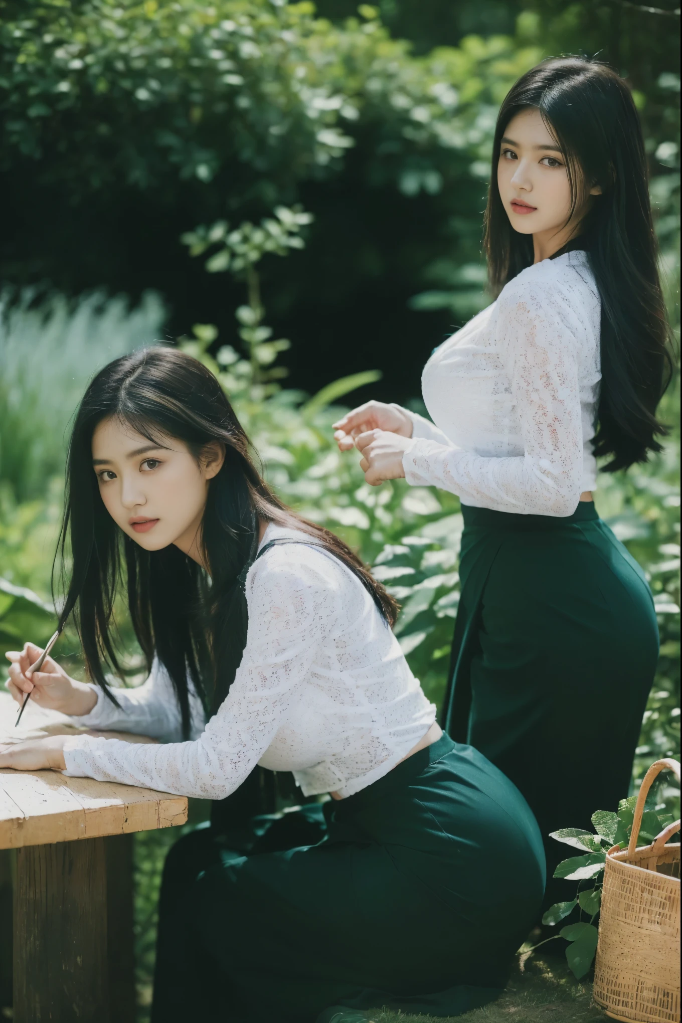 ((Best Quality, 8k, Masterpiece:1.3))), Crisp Focus: 1.2, (Beautiful Woman with Perfect Figure: 1.4) , multiple girls))),((((6girls))))、((6 girls))、The same face、matching uniform、(acmm ls outfit, lace acmm top, wearing acmm long skirt, blue color acmm long skirt, printed skirt,)、Long black hair、((((Gigantic Breasts)))Raw photo、same person、Doppelganger、(group portraits), standing,ass focus ,front view,In the floral plants forest background ,film effect 、best position,best composition, perspective view, ultra wide view,(best quality,4K,8K,highres,masterpiece:1.2),ultra-detailed,(realistic,photorealistic,photo-realistic:1.37),HDR,studio lighting,sharp focus,