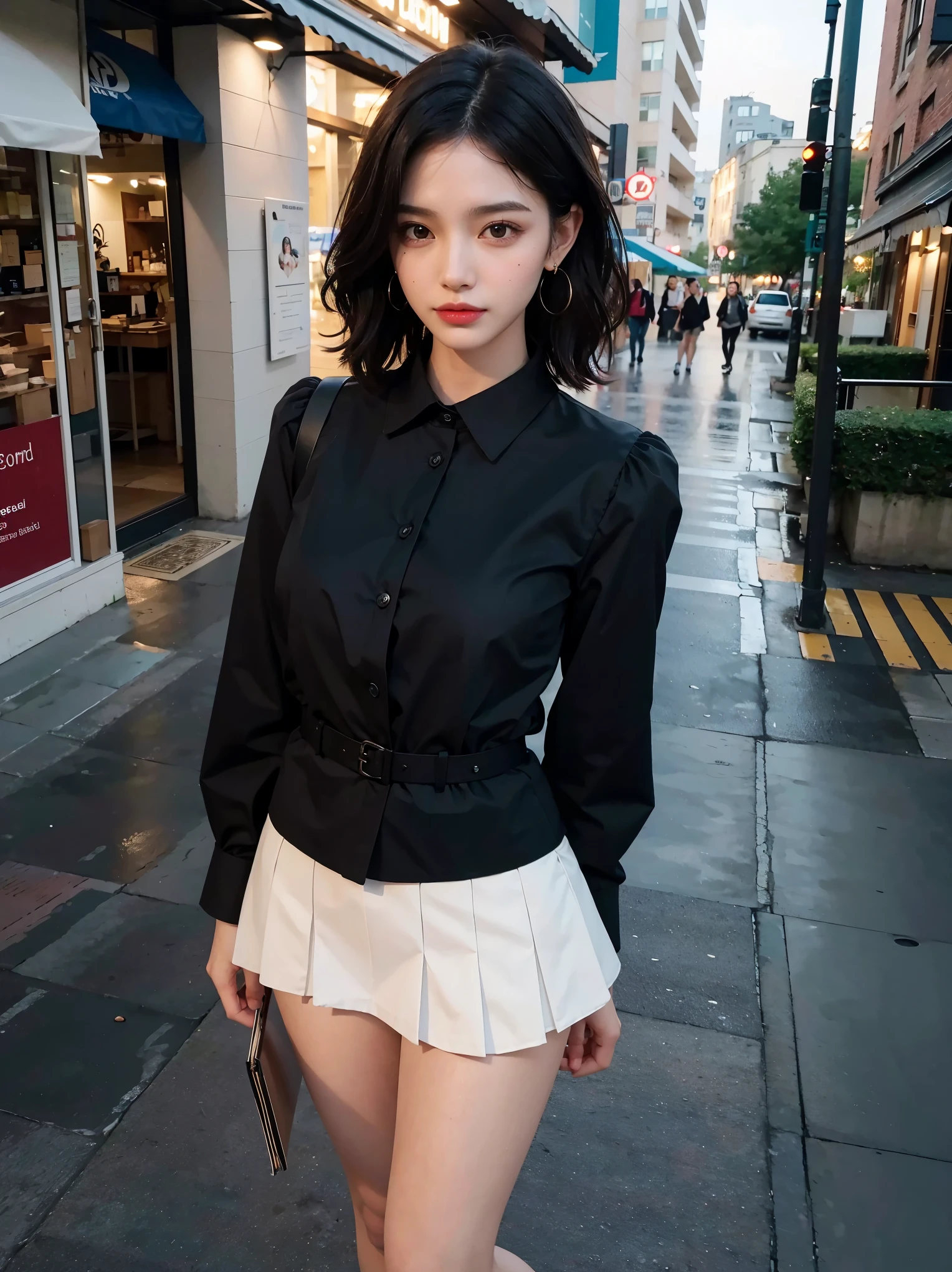 8k RAW photo, High resolution, 37 year old slim Korean, Big round breasts, Formal Shirt, Formal Skirt, Very thin mouth, Duck mouth, Grin,, Beautiful eyes in every detail, Long-term, Three white eyes, cheek, Long eyelashes, Beautiful double eyelids, eye shadow, Beautiful slim legs, stockings, necklace, Earrings, short hair, In front of the station at night,(((Fair skin:1.7)))