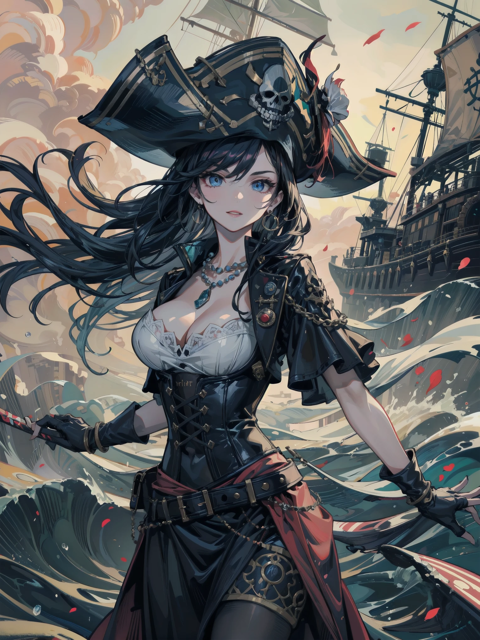 (Practical pirate clothing), Long-sleeved pirate top, Skirt, torn pirate hat, absurdres, RAW photo, extremely delicate and beautiful, masterpiece, Best Quality, ultra high resolution, 32k, hyperrealistic, ultra-detailed, detailed description, pale skin, 20 years old, tearful mole, earring, big tits, short medium hair, wavy hair, whole body shot,