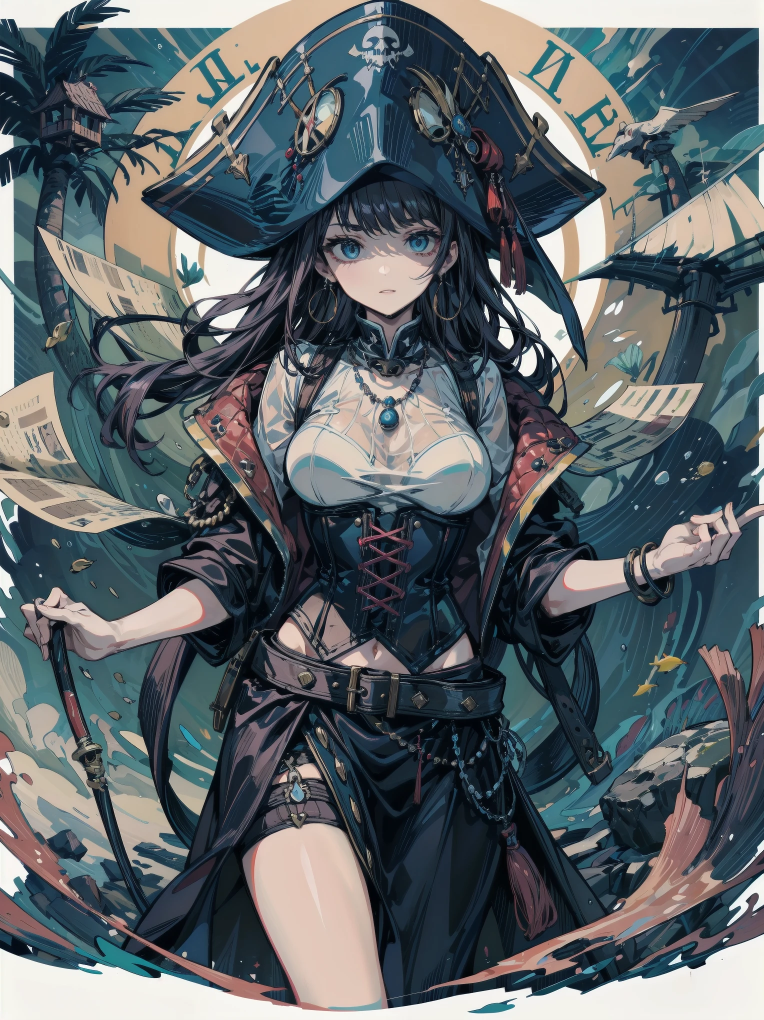 absurdres, RAW photo, extremely delicate, extremely beautiful, masterpiece, Best Quality, ultra high resolution, 32k, hyperrealistic, ultra-detailed description, perfect anatomy, pale skin, 20 years old, detailed beautiful face, detailed beautiful face eyes, tearful mole, earring, short medium hair, wavy hair, black hair, big tits, slim body, narrow waist, whole body, Practical pirate clothing, Long-sleeved pirate top, Skirt,Torn pirate hat, beach,