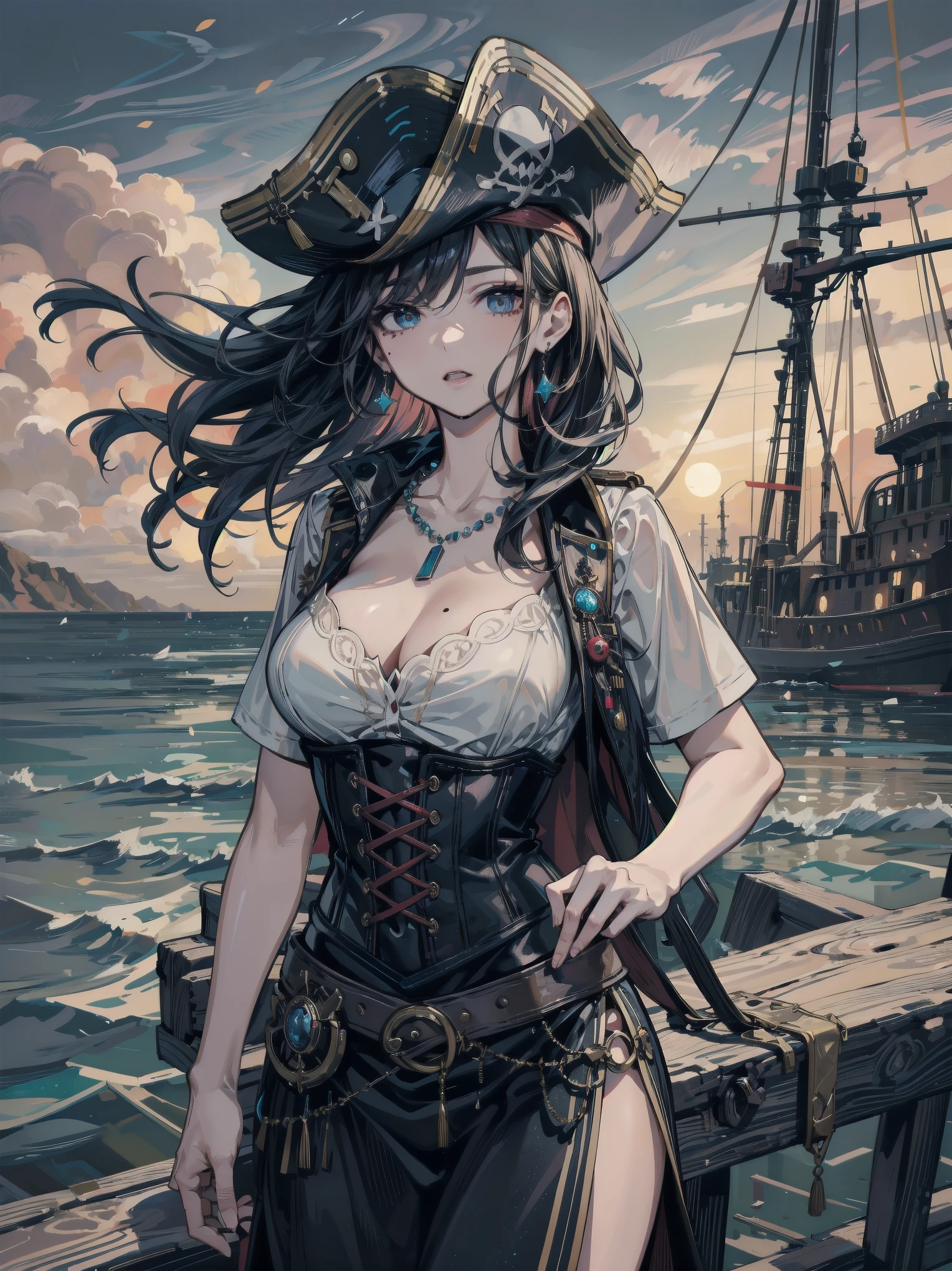 absurdres, RAW photo, extremely delicate and beautiful, masterpiece, Best Quality, ultra high resolution, 32k, hyperrealistic, ultra-detailed, delicate facial features, beautiful detailed woman, tearful mole, earring, medium breasts, full body shot, medium hair, black hair, (Practical pirate clothing), Long-sleeved pirate top, Skirt, torn pirate hat,