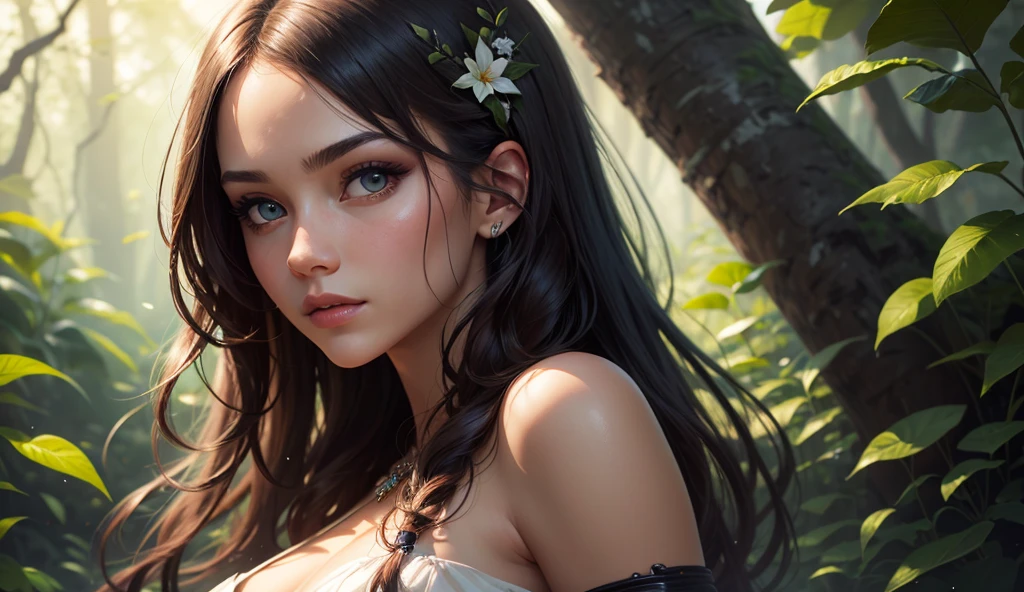 In this captivating image, a lone young girl takes centre stage, captivating the viewer with her presence. She stands in a picturesque outdoor setting, surrounded by lush vegetation and bathed in soft golden light. Her black hair cascades over her shoulders, framing her face, while her bewitching blue eyes shine with depth and intrigue. Tilting her head slightly, she looks directly at the viewer, her expression conveying a mixture of confidence and vulnerability. The emphasis is on her striking features and natural beauty, expertly captured in this hyper-realistic, high-resolution portrait. The background is deliberately slightly blurred, accentuating the focus on the young girl and adding depth to the composition. This photographic masterpiece captures both the outer and inner essence of the young girl, leaving the viewer captivated by her presence. The image will be rendered in a 9:16 format, allowing for a vertical composition that highlights the stature and presence of the young girl.