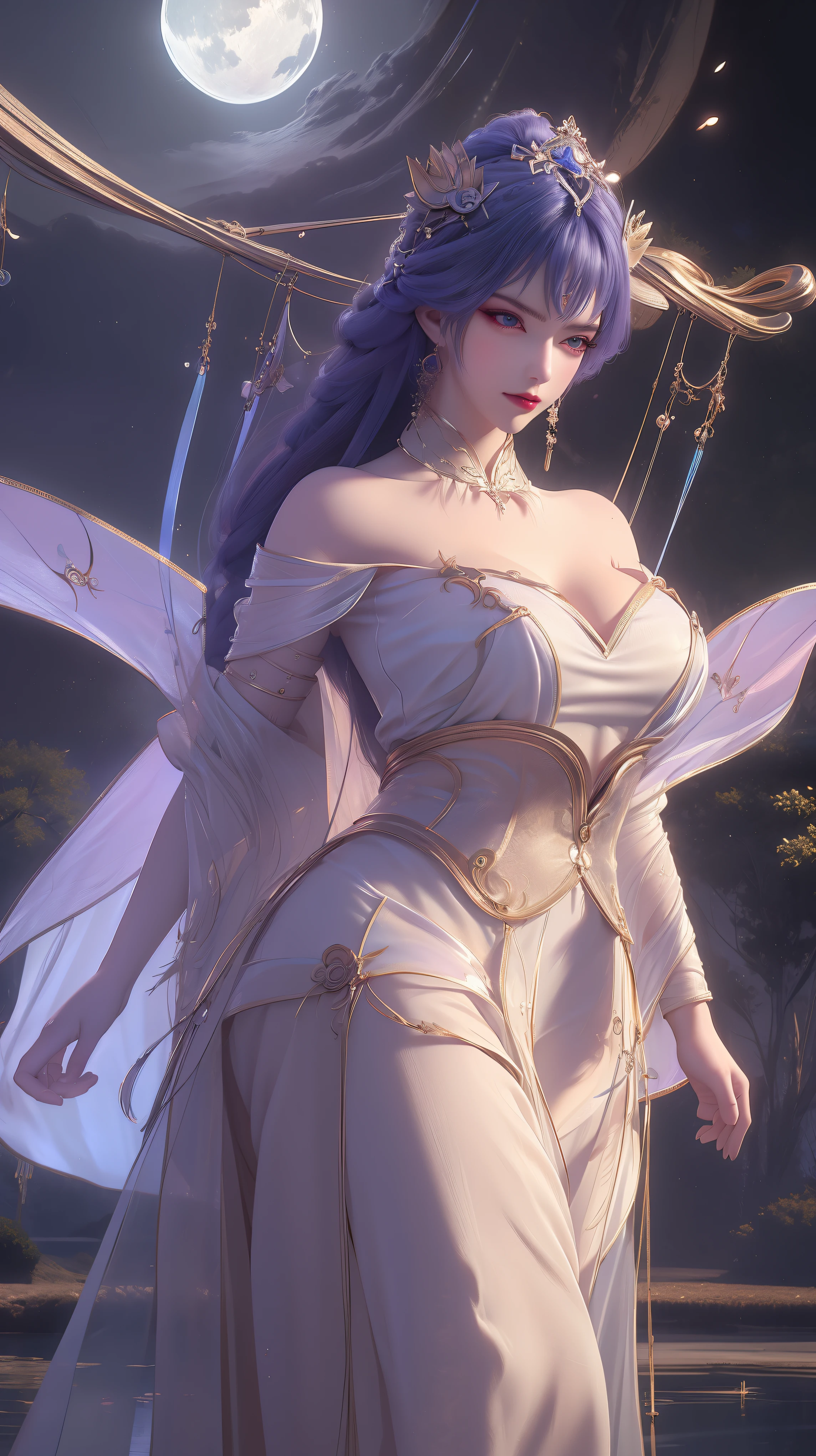 light particles, halo, (bioluminescent:0.95), bioluminescent, piercing glare, vibrant, (((colourful))), color, (glowing, glow),ancient customs, pretty face, Zixiao fairy, wind blow, blossom, huge huge huge exaggerated huge huge exaggerated huge huge large fake breasts, pond, night, moon relection in the pond, reflection light, depth of field, from behind, multiple views, delicated best quality ,masterpiece, illustration, an extremely delicate and beautiful, extremely detailed ,CG ,unity ,8k wallpaper, Amazing, finely detail, masterpiece,best quality,official art,extremely detailed CG unity 8k wallpaper,absurdres, incredibly absurdres, huge filesize , ultra-detailed, highres, extremely detailed,beautiful detailed girl, extremely detailed eyes and face, beautiful detailed eyes,light on face,1girl, (Super realistic), (purple hair), (hair over one eye), (single braid hair), (rainbow eyes), ((hair ornament)), ((jewelry)), (hair jewelry), (((describe the arm in detail))), (((Super ))), ((sagging breasts)), ((Plump body)), (thighs), ((Plump )),, (detailed description of hair), ((upper body)), (Bare shoulder), ((collarbone)), (off shoulder), (Shiny skin), (detailed description of face), (Extremely detailed description of the eyes), (detailed description of body), (white and translucent skin), peerless beauty, (extreme beauty), (red lips), (shy ), (seductive smile), ((gothic tia dress)), (every pose),(smiling)