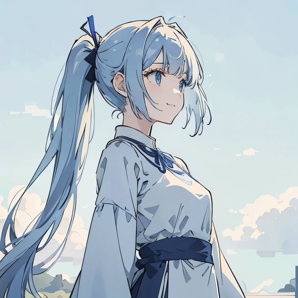 hair Pony tail Light eyes Shades of blue Background Windblown strands of hair Long-sleeved dress High neckline Subtle flair at the hem Modest outfit Pale sky blue Deep navy Soft, gradient blue Delicate floral patterns Subtle wind animation Slightly tousled hair A few loose strands framing the face Gentle smile Sparkling eyes Blue sky (((perfect pixel, perfect detail))), solo, upper body, 1 girl, looking at the audience from close, closed mouth, standing, smile
