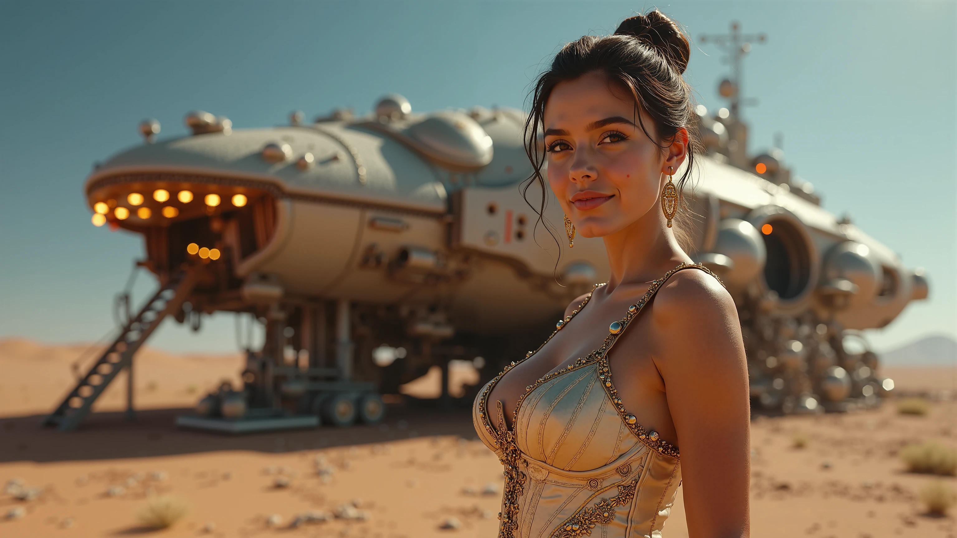 a woman (Jaimie Alexander) in a bikini standing in front of a bunch of machines, a detailed matte painting by Jason A. Engle, zbrush central contest winner, retrofuturism, reimagined by industrial light and magic, sci-fi, zbrush
