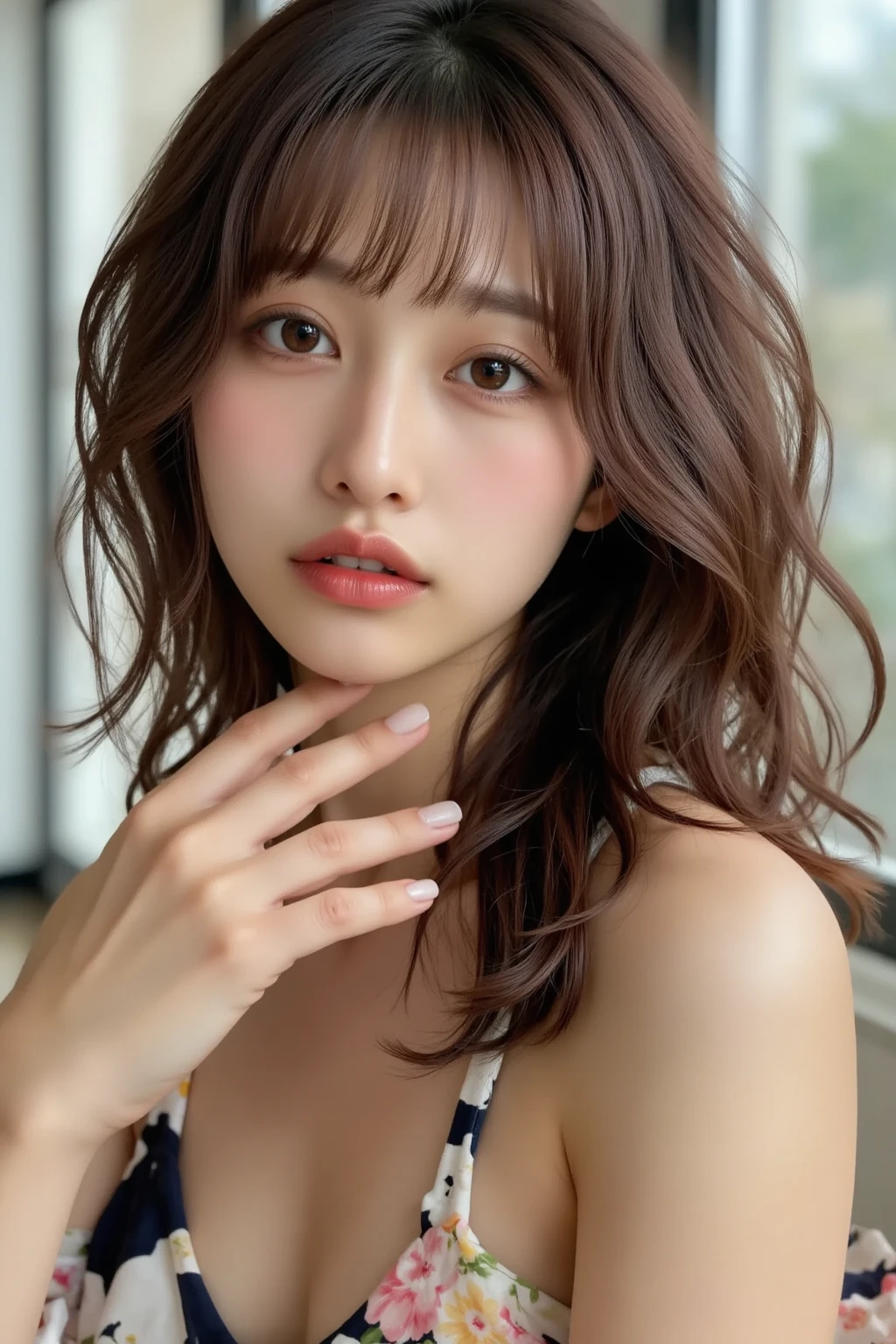 White tank top, Very detailed, 21 years old, Innocent face, Naturally Wavy Hair, High resolution, masterpiece, 最high quality, Intricate details, Very detailed, Clear focus, Delicate skin, practical skin texture, texture, Delicate eyes, Professional, 4K, Cute Smile, Shot with Canon, 85mm, Shallow and deep, Kodak Vision Color, that&#39;s right, Very detailedな, photograph_\(Extremist\), photographpractical, practical, Post-processing, Maximum details, Roughness, Real Life, Extremist practical, Photorealism, photographgraphy, 8kウルトラHD, photographgraphy, (最high quality、Tabletop、8k、Best image quality、Award-winning works)、(Red eyeshadow:1.2)、Perfect Makeup、Long eyelashes、超高精細のShine目、Ultra HD Hair、ultra High resolution glossy lips、Super High resolution perfect teeth、Super High resolution cute face、Black Hair、(Very short straight hair:1.1)、Look at me and smile、[clavicle]、Accurate anatomy、With bangs、超High resolutionのShine肌、The most detailed face、Ultra High resolution detailed faces、ultra High resolution hair、Fashion Model, Age 25, Perfect Eyes, Perfect Iris, Perfect Lips, Perfect Teeth, Perfect Skin, Soft Front Light, Shine, High resolution, (Soft colors: 1.2), 最high quality, a photographrealistic portrait of a stunningly beautiful woman without make-up, Very detailedな light hazel eyes, Symmetric, Realistically detailed face, Very detailedな natural texture, Peach fuzz, Messy Hair, masterpiece, Absurd, award winning photograph by lee jeffries, nikon d850 film stock photographgraph, Kodak Portra 400 Camera F1.6 Lenses, Very detailedな, wonderful, Finer details, Rich colors, hyper realistic lifelike texture, Dramatic lighting, Unreal Engine, Talked about at the art station, Cinestill 800 Tungsten, Looking at the audience, photograph realistic, RAW photograph, Tanveer Tamim, high quality, High resolution, Sharp focus, Very detailedな, Cinema Lighting, 8k uhd, Kneel, 
