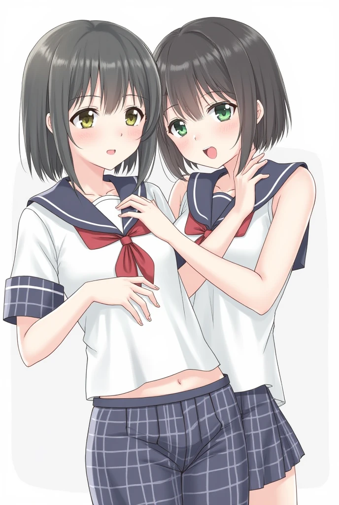 Anime style。
Fine line drawing。
girl
black hair。Fine hair。
The bangs are see-through。Green eyes。Her eyes aren't too big 、 her eyes are sharp and kind 。Small face。Breasts are F cup
Clothes are white sailor uniforms。
her skirt has a dark blue check pattern 。
her sailor suit is slightly wet from sweat 。 her clothes are fluttering 。 I can see her boobs from the top of the sailor suit 。
I'm dressed in an erotic way。
her eyes aren't too big 、 she is touching and rubbing the girl's chest with both hands 。
I'm wearing T-back pants 。
female genitals are wet。
Big Breasts。
shaking her hips 。