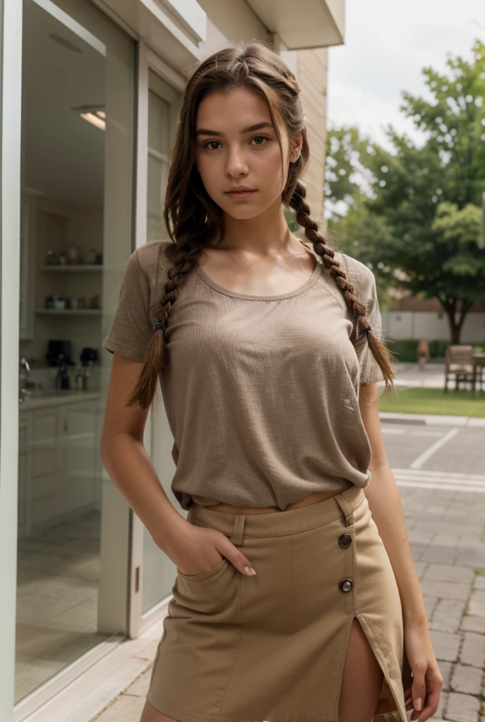 6’1 woman, 20’s, brown hair pulled back, petite face, slight smile, tight T shirt, jean zip unbuttoned, no underwear, half pulled down, oblong face shape, full body portrait, instagram photo, crotch exposed