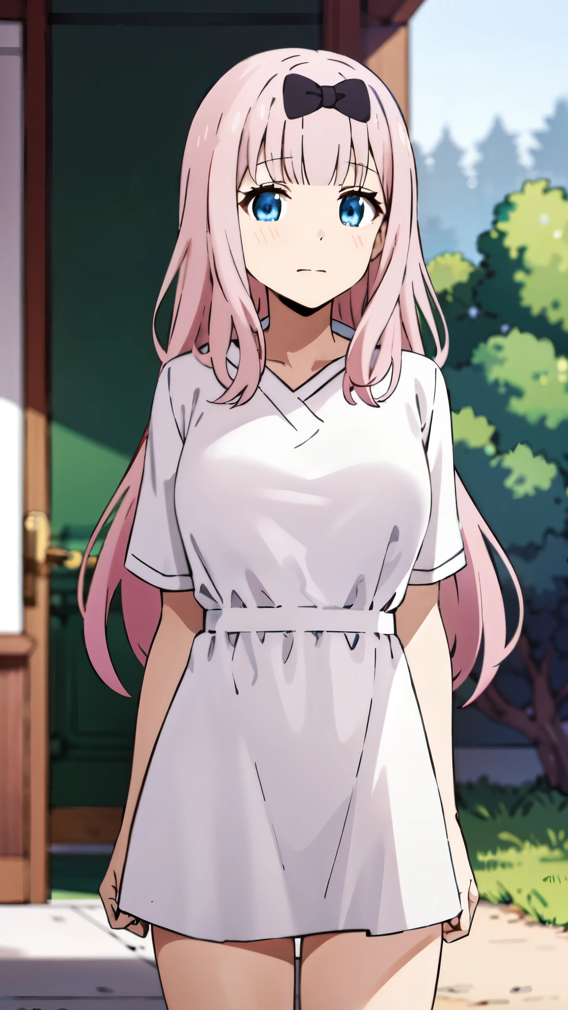 Fujiwara Chika (Together),
1 ,
pink hair, blue eyes, long hair, HAIR BOW, wearing sexy clothes