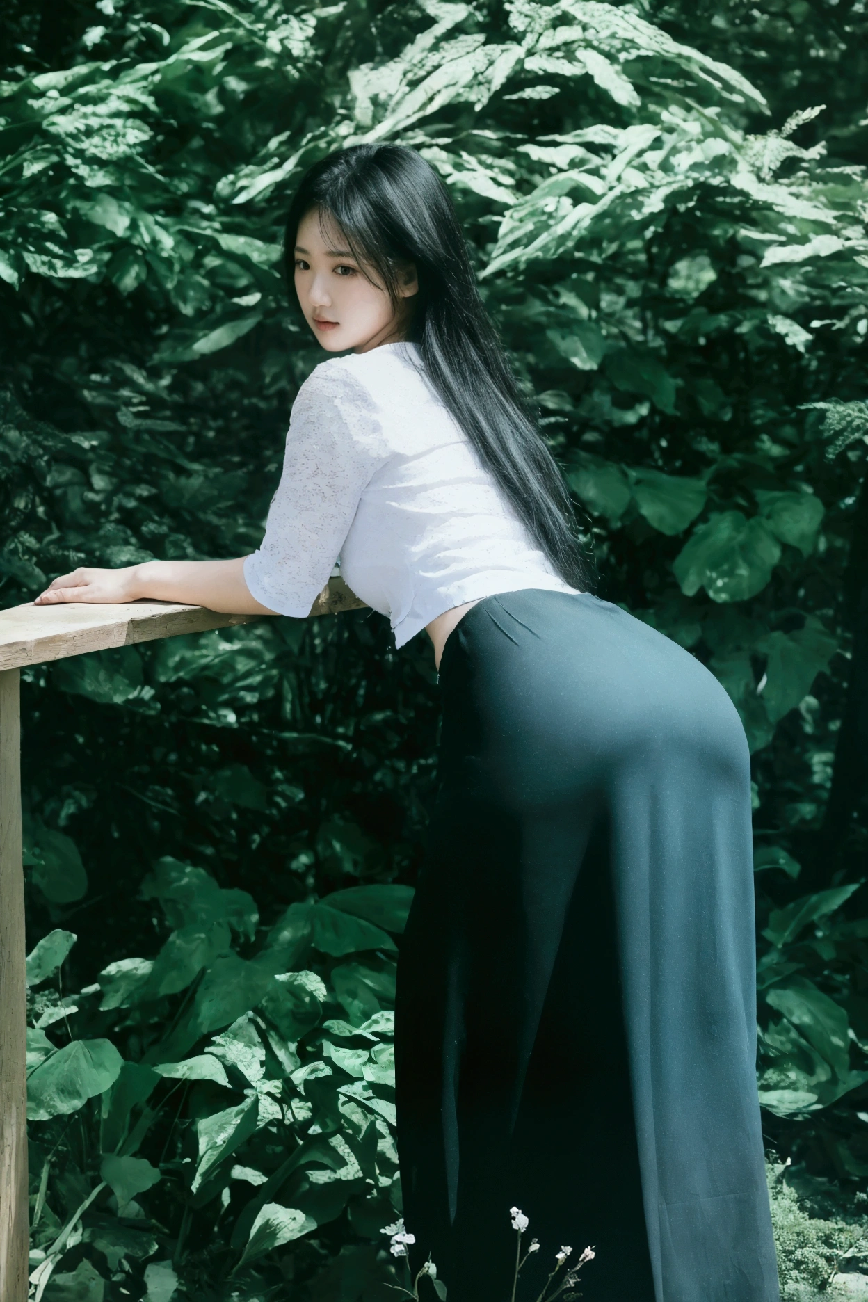 ((Best Quality, 8k, Masterpiece:1.3))), Crisp Focus: 1.2, (Beautiful Woman with Perfect Figure: 1.4) , multiple girls))),((((6girls))))、((6 girls))、The same face、matching uniform、(acmm ls outfit, lace acmm top, wearing acmm long skirt, blue color acmm long skirt, printed skirt,)、Long black hair、((((Gigantic Breasts)))Raw photo、same person、Doppelganger、(group portraits), standing,ass focus ,front view,In the floral plants forest background ,film effect 、best position,best composition, perspective view, ultra wide view,(best quality,4K,8K,highres,masterpiece:1.2),ultra-detailed,(realistic,photorealistic,photo-realistic:1.37),HDR,studio lighting,sharp focus,