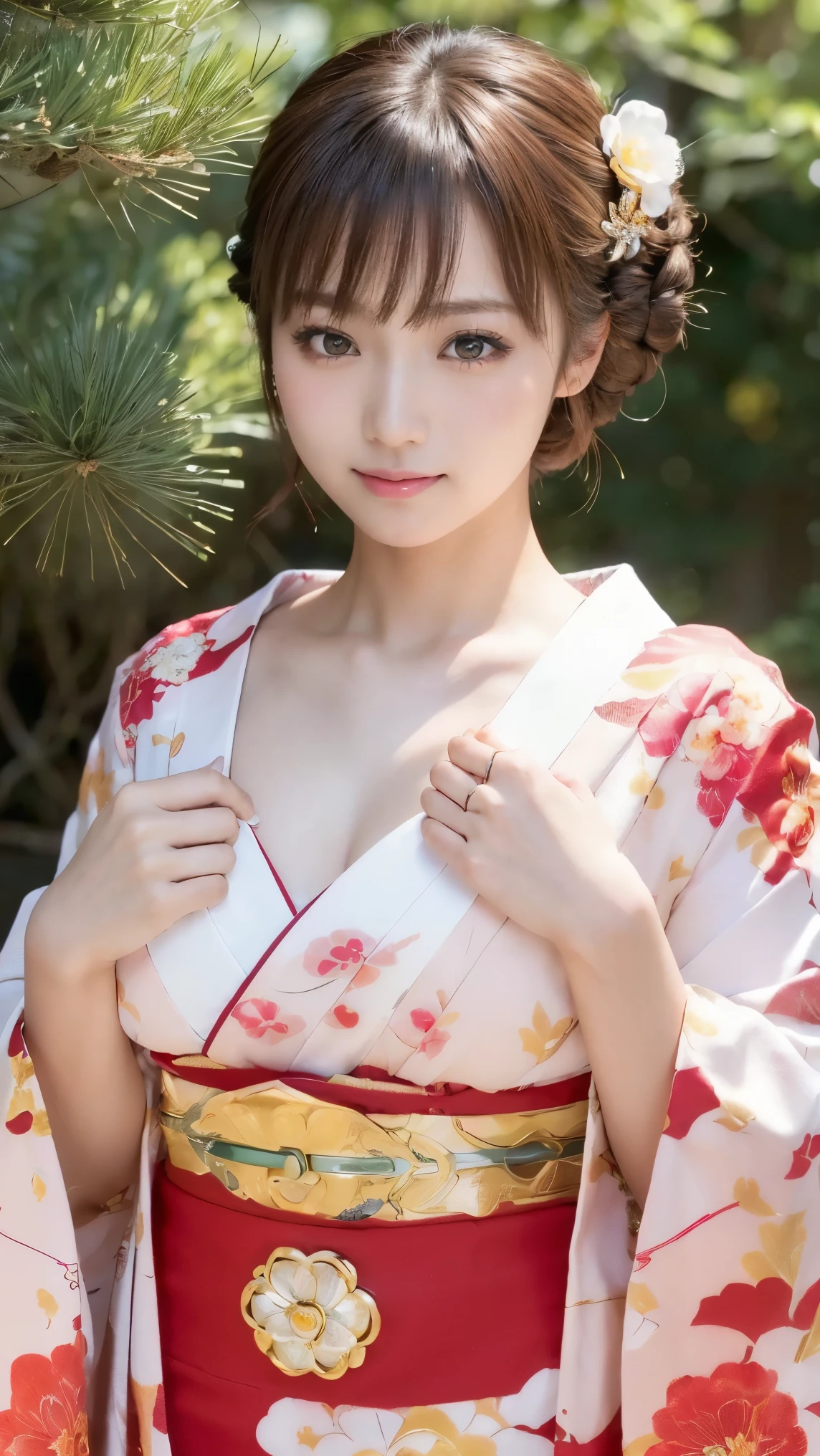 (masutepiece:1.3, Photorealsitic:1.4, 8K), top-quality, masterpiece, 超A high resolution, Professional camera work, Grow Light Effect, Realistic portrait, Cinematic Light, Highly detailed skin and facial texture:1.3, Perfect dynamic composition, The ultra-detailliert, A detailed eye, Detailed limbs, autumn night, Lit up, Autumn foliage scenery:1.2, 1girl in, Cute sexy 23 year old slim woman, Fair skin, Autumn leaves are dancing:1.2, (Enraptured look:0.9, Totally captivates you:1.0), (Red kimono:1.35, off shoulders), (voluptuous breasts:0.9), (Facing the front, Calm pose), (Beautiful blue eyes, Eyes that feel beautiful eros:0.85), Sexy face:0.4, (A mouthfeel that feels beautiful eros:0.85), ((Too cute beauty:0.9))