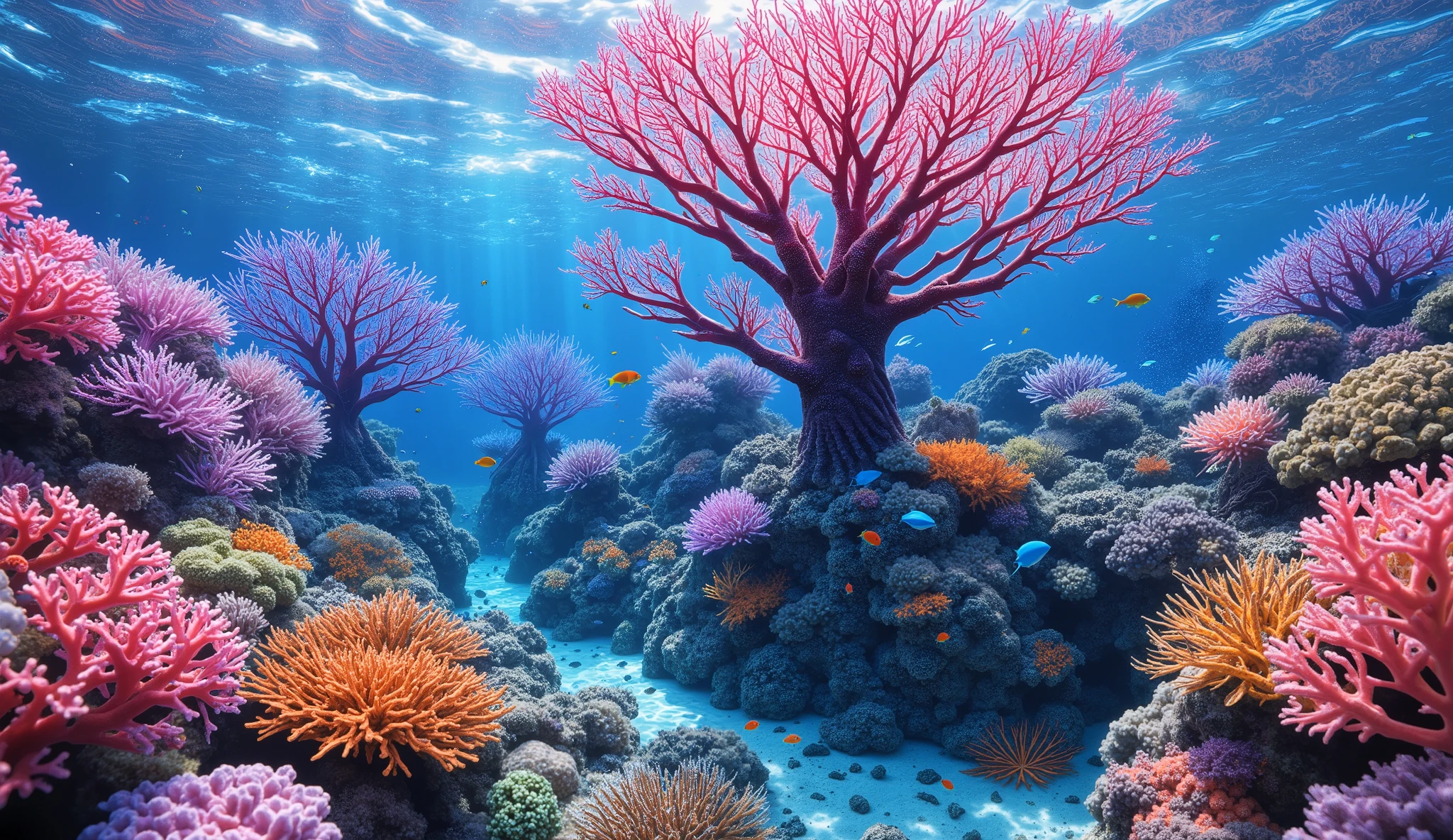 (In the water), Underwater heaven  ,((At the center、It has many red and purple branches 、 there are corals that look like giant trees towering)),(( 密集した硬サンゴと軟サンゴのCoral Reef )),Realistic representation ,  shot with a fisheye lens  ,((  multiple fluorescent green corals  )), (( 10, in the natural coral group of 000 、 lots of colorful colors )), ( lots of butterfish are swimming  ),((  lots of fluorescent green and blue soft corals  )), Crystal clear water, ,  strong sunshine , 広大なCoral Reefで埋め尽くされています ,  exquisite seaweed  ,(  lots of colorful tropical fish  ), Lots of colorful tropical fish  ,  array of vibrant colors  ,  seahorses,  lots of fantastic starfish on the seabed  , life,  lively colors, Quiet雰囲気, Quiet, Swaying seaweed ,  large blue tropical fish  ) , (  best quality  ,  high resolution:1.2), (In the water photography), (  lively), (  Soft Diffuse Lighting  ),  high chromatic coral orchestra , Vast ocean ,Coral Reef,