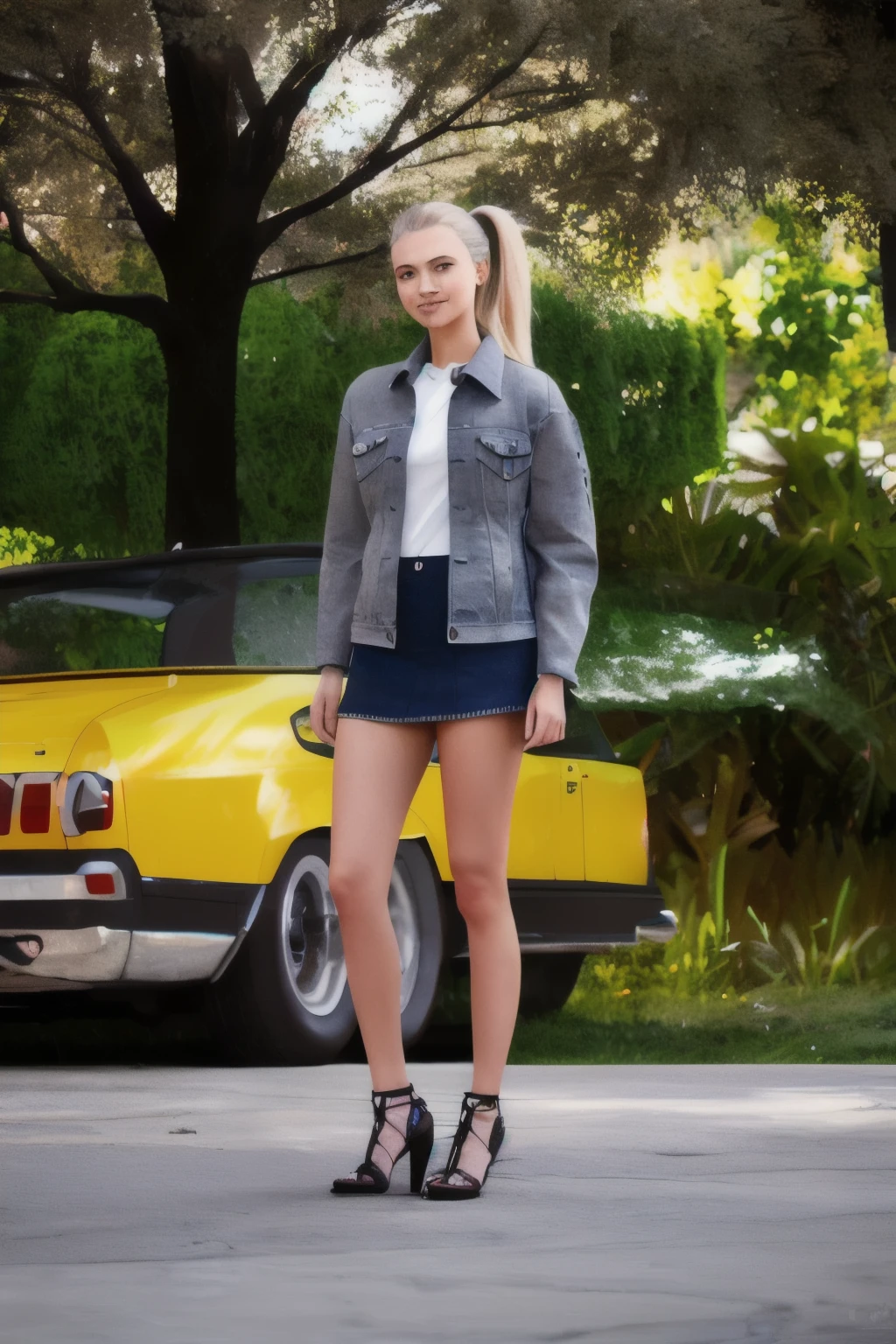 A teenage girl, brunette blonde, wearing a black long sleeve shirt, black rocker shorts, red high heels, stands at the Power Bridge., 3D, 18k, ultra fine details.