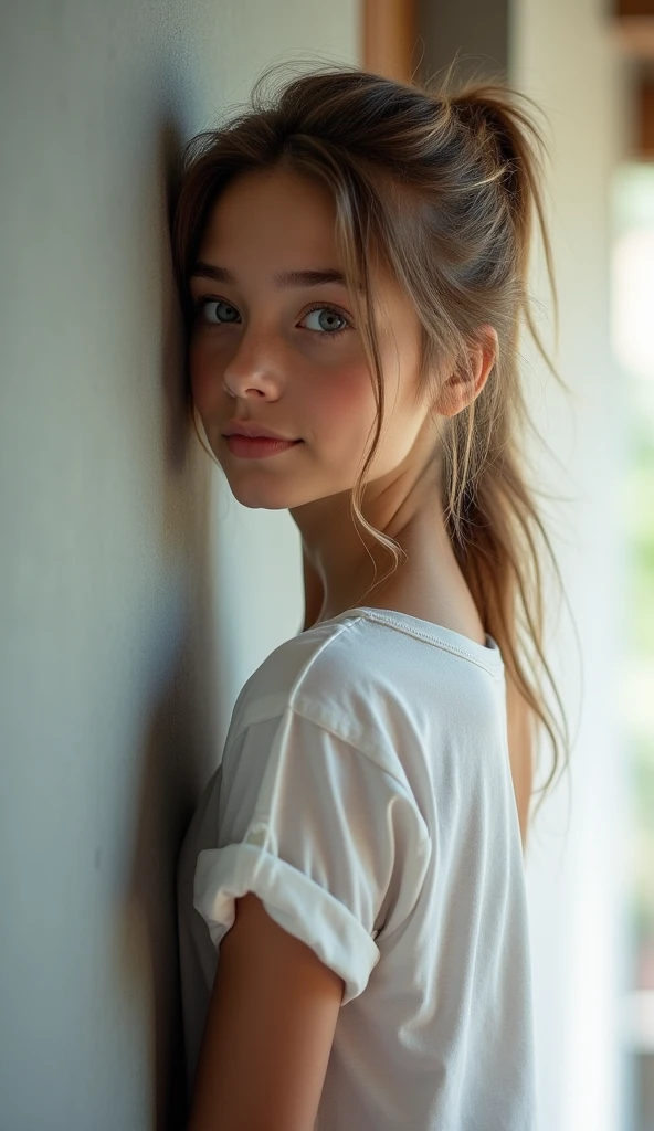 r, perfect , belle, beautiful eyes , As a girl , r, , natural light , Light Brown Hair , ponytail , blue eyes, Not suitable for work , As a girl , r, perfect, Nass, Gigantic , la pose on the wall , squeezes her Gigantic on the wall , looks at the camera , side camera position , T-shirt with rolled up sleeves , She discovers , by leaving her open , , belle