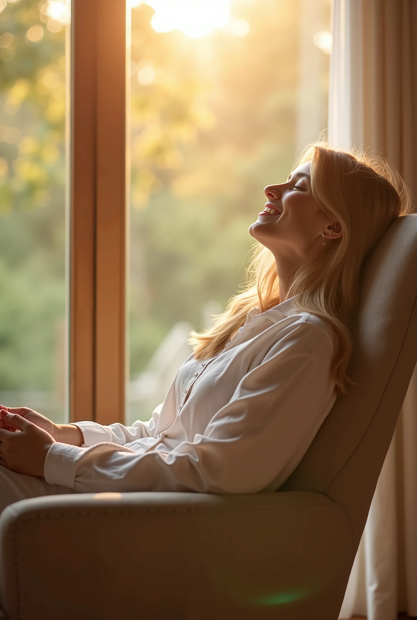 ultra realistic image of a 40 year old lady with her eyes closed thanking God for another day that begins, dressed in a refined manner, in the living room of your home with cozy decor, in the background plants, illuminated wooden bookshelf, happy jesus with open arms picture, on the boat with the approaches, the bible with a white rose inside,, daylight coming through the window and illuminating her head, a glass of water and an apple, convey depth