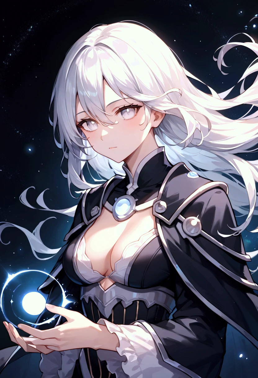 (masterpiece, best quality, ultra-detailed CG unity 8k wallpaper), a beautiful sorceress with a majestic aura stealing sleep from these eyes, (floating+ethereal), (long black hair:1.2+glowing white hair), piercing blue eyes, (glittering gown+flowing cape), mysterious and powerful, surrounded by (wispy mist+sparkling stars+dark ambiance).