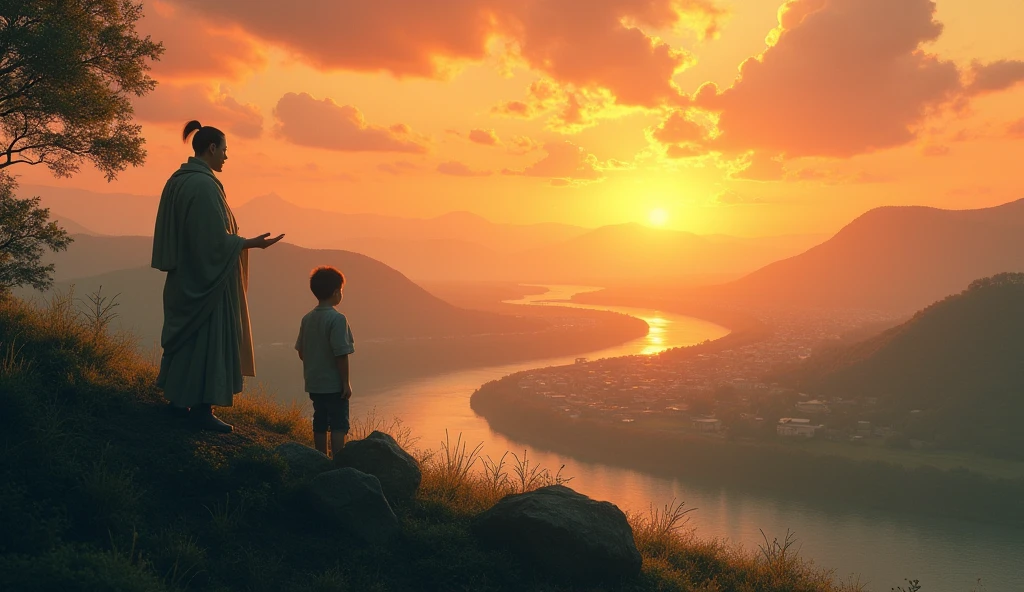 Realistic ai image :- The male teacher and the 20 year old boy stand atop a hill, overlooking the entire village and the river. The guru shares the true mantra of life with the boy. The setting sun bathes the sky in shades of orange and pink. Vast greenery stretches as far as the eye can see, creating an atmosphere of peace and inspiration.