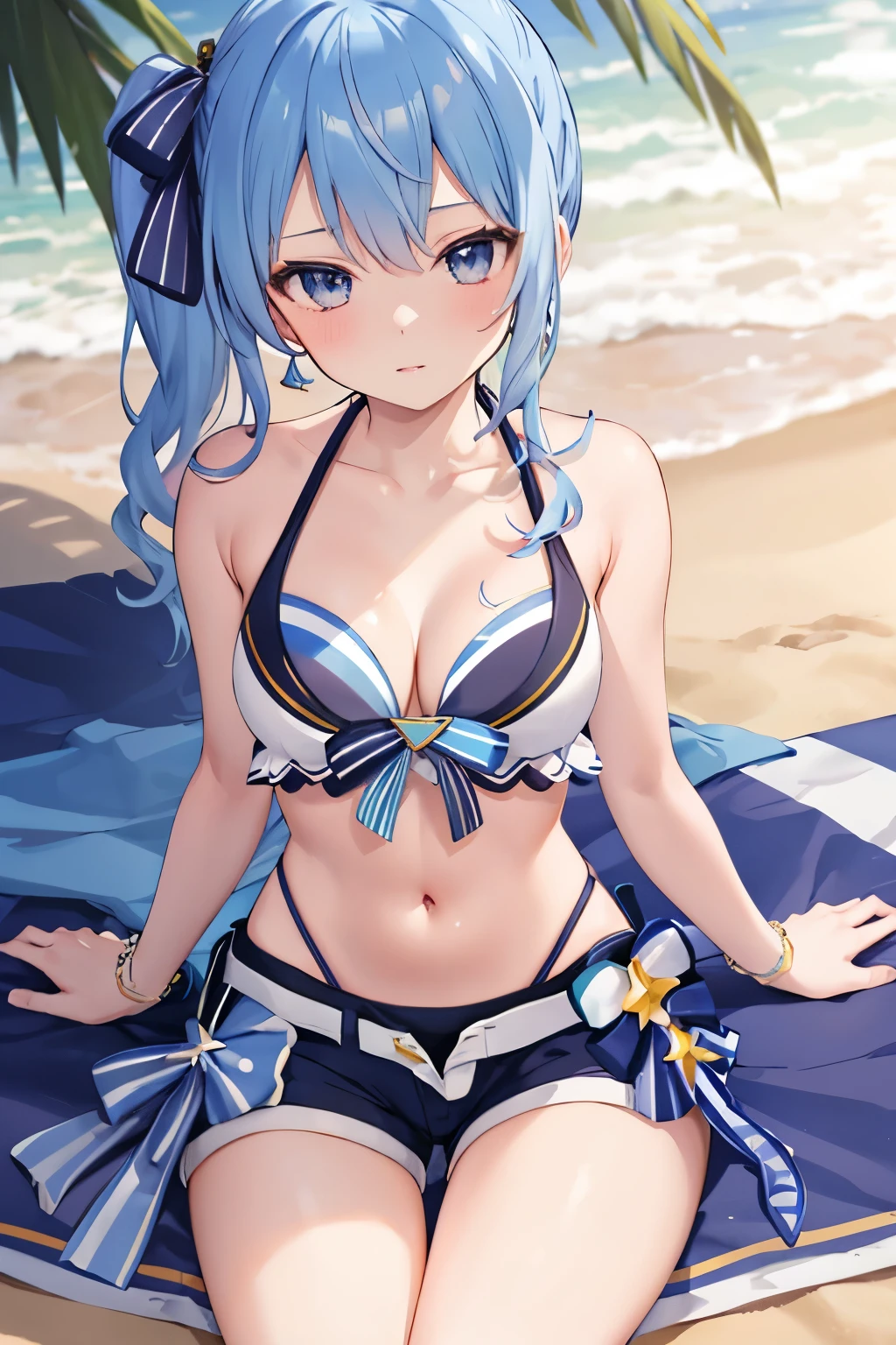 ( masterpiece, best quality:1.2), , 1girl ,SUISEISummer , side ponytail, hololive summer 2023 swimsuit, layered bikini, blue bikini, striped bikini, bikini shorts,beach,sitting,Lower Body,Leg lift, anime girl,medium breasts,cleavage,whole body
