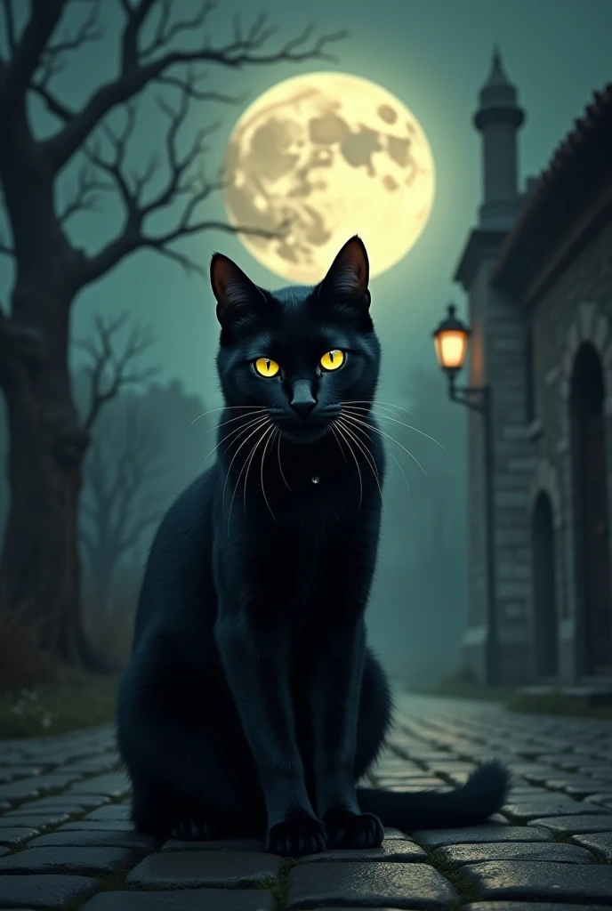A mysterious black cat sitting on a cobblestone path under a full moon ...