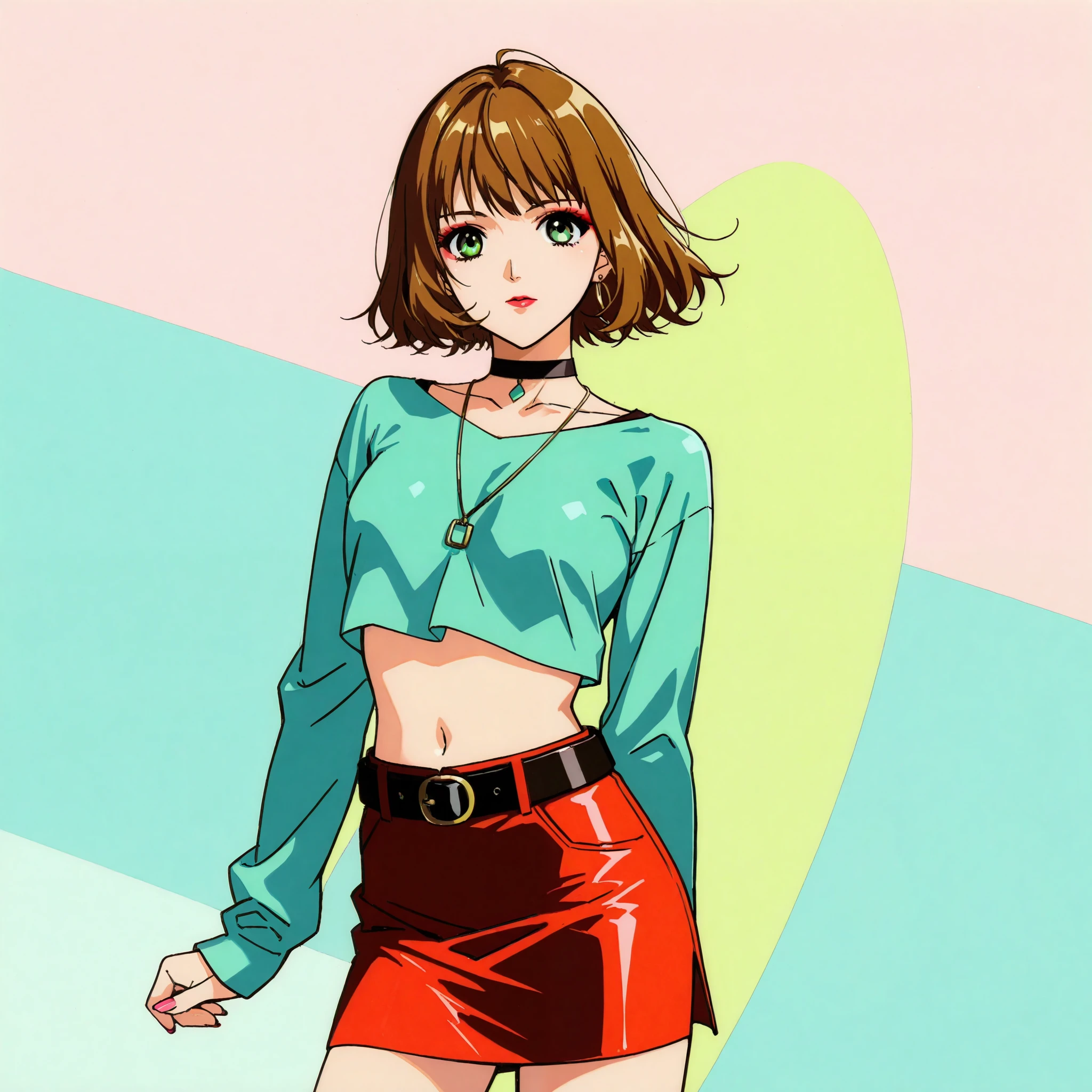Jun, 1girl, brown hair, midriff, skirt, choker, navel, crop top, belt, short hair, brown eyes, shirt, green eyes, jewelry, long sleeves, necklace, lipstick, makeup, cowboy shot