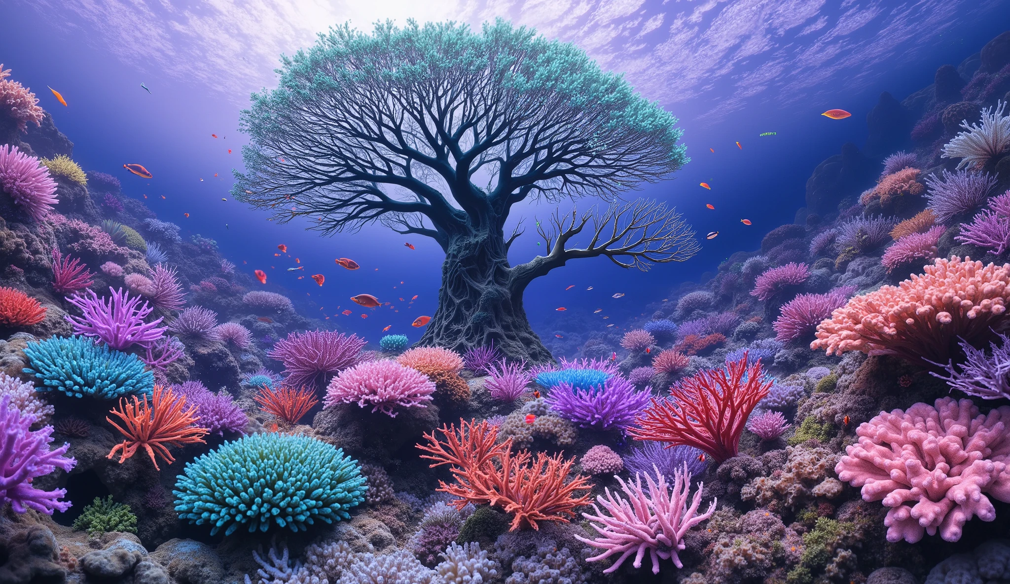 
(In the water), Undersea heaven ,((A huge table coral with lots of green and blue-green branches like a giant tree stands tall in the center)),(( coral reefs with dense hard corals and soft corals )),Realistic Expression , shot with a fisheye lens  ,(( Multiple Fluorescent Green Corals )), (( are filled with 10,000 natural coral groups with lots of extremely colorful colors)), (Lots of butterfish are swimming ),(( lots of green and blue soft corals that emit fluorescent colors )), crystal clear water, , strong sunshine ,Vast coral reefs ,Detailed seaweed ,( lots of colorful tropical fish), large blue tropical fish , myriad cobalt sparrows , seahorses, lots of psychedelic starfish on the seabed , life,  lively colors, Serene atmosphere, Quiet, Swaying seaweed ,  array of vibrant colors ) , ( best quality , high resolution:1.2), (In the water photography), ( lively), (  soft diffused lighting  ), Orchestra of Highly Coloured Corals, Vast Seas ,Coral Reef,