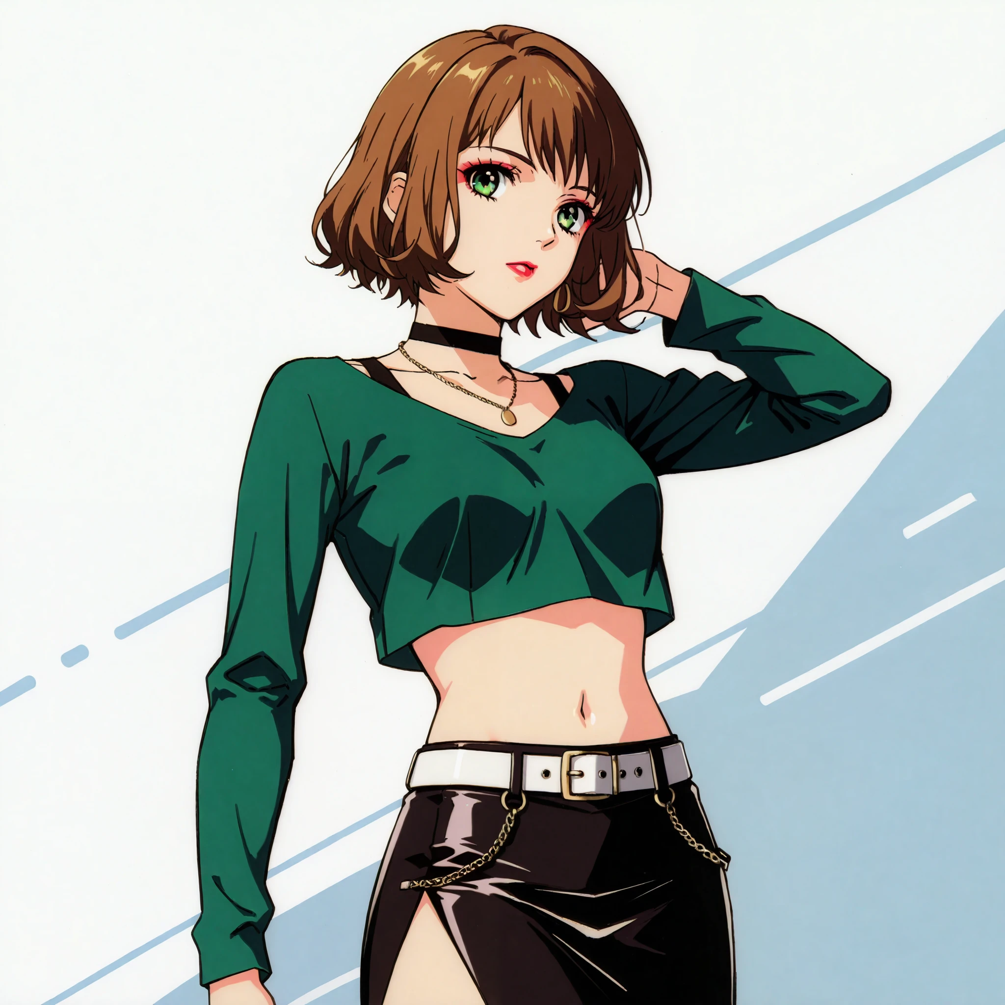 Jun, 1girl, brown hair, midriff, skirt, choker, navel, crop top, belt, short hair, brown eyes, shirt, green eyes, jewelry, long sleeves, necklace, lipstick, makeup, cowboy shot