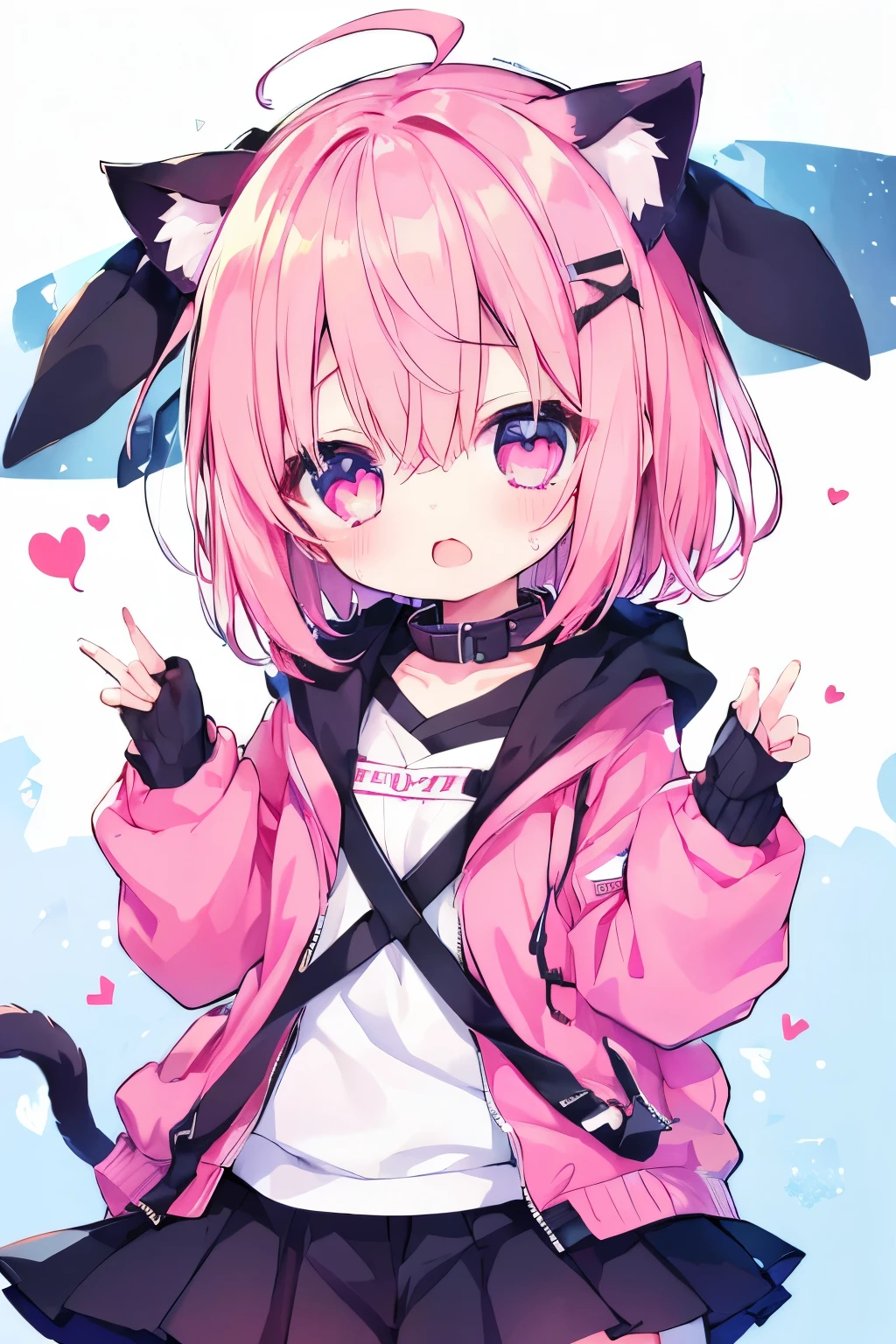 Oversized Jacket 、 pink hair、- Shortcut hair 、 Wearing a collar 、 elementary school girl、,首輪とリードをつけた elementary school girl、Cat ears elementary school girl、((((( )))))、heart❤、((sweat、vapor))、flattery、 embarrassing、((((( )))))