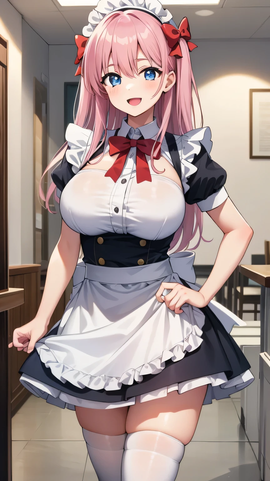 Erotic Anime Illustration、fantasy、A plump maid seduces a man in a dance hall、beautiful eyes、ecstatic smile、Overwhelming huge breasts that go beyond common sense、thick legs with fat、perfect proportions、cowboy shot、Harem