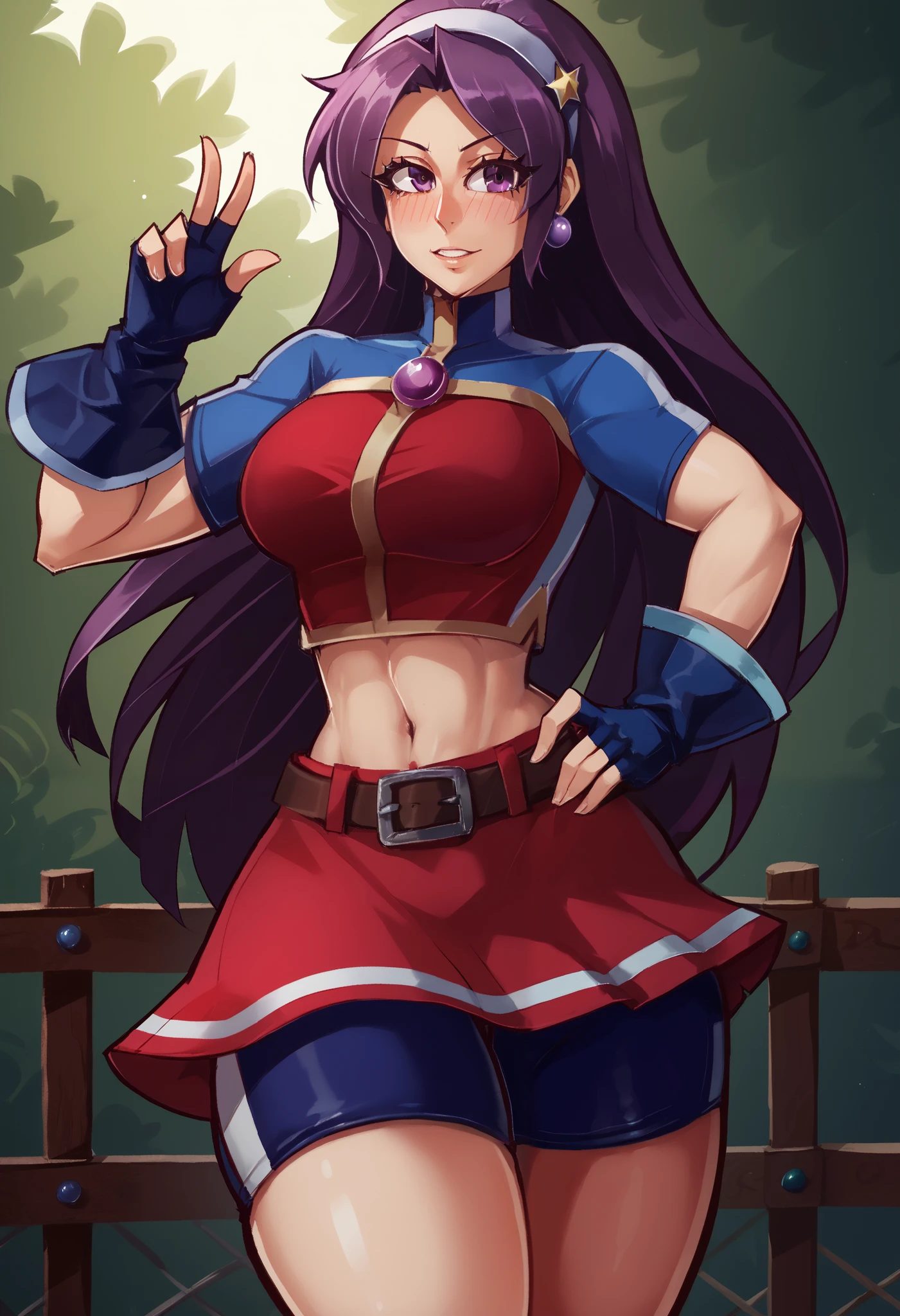 Masterpiece, best quality,ATHKOF2002, purple hair, long hair, purple eyes, white hairband, blue sleeves, pearl (gemstone), short sleeves, red top, belt, fingerless gloves, navel, red skirt, biker shorts, blush, solo, seductive pose,cowboy shot, midriff,beautiful detailed face,thick thighs, hand on hip, confident,dbp,hentai, crotch, against fence, exposed hips, from below